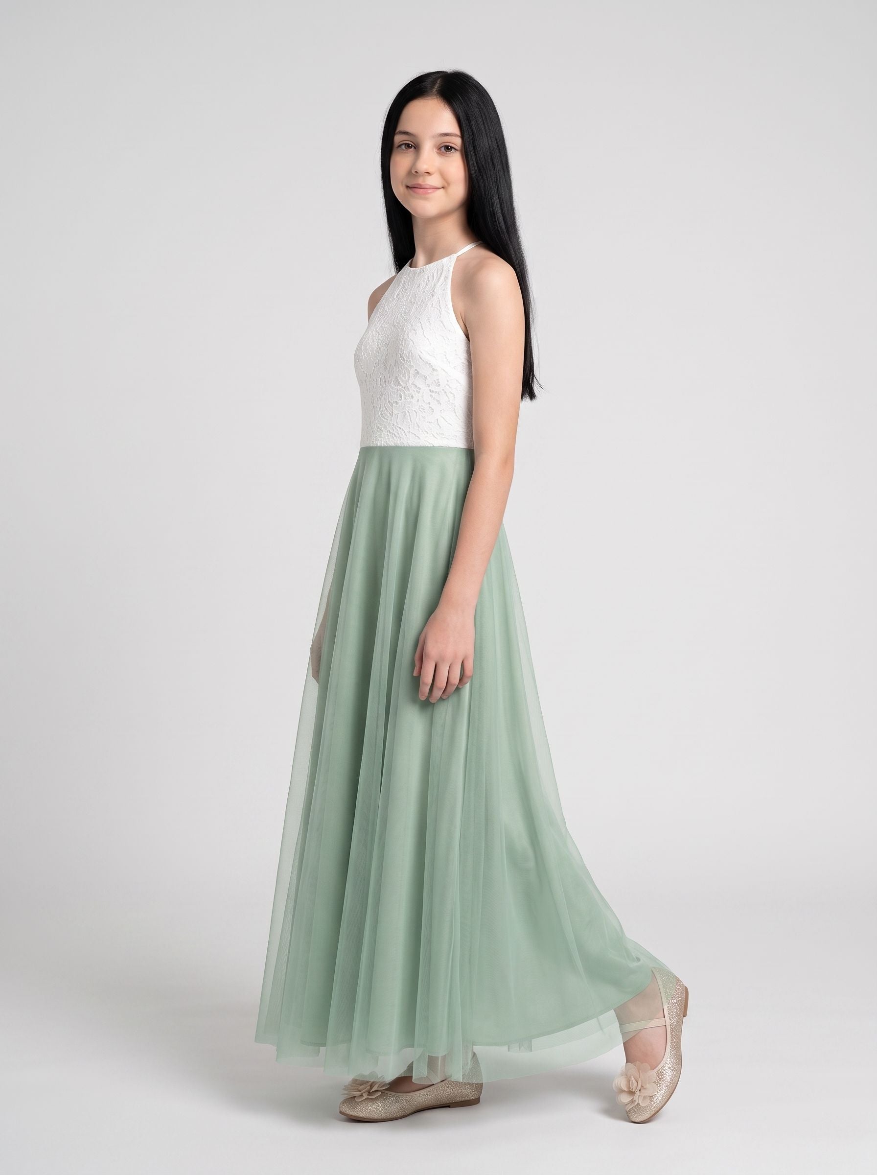 Dusty Sage Chiffon A-Line Scoop Neck Back Zip Floor-Length Dress with Lace Bodice