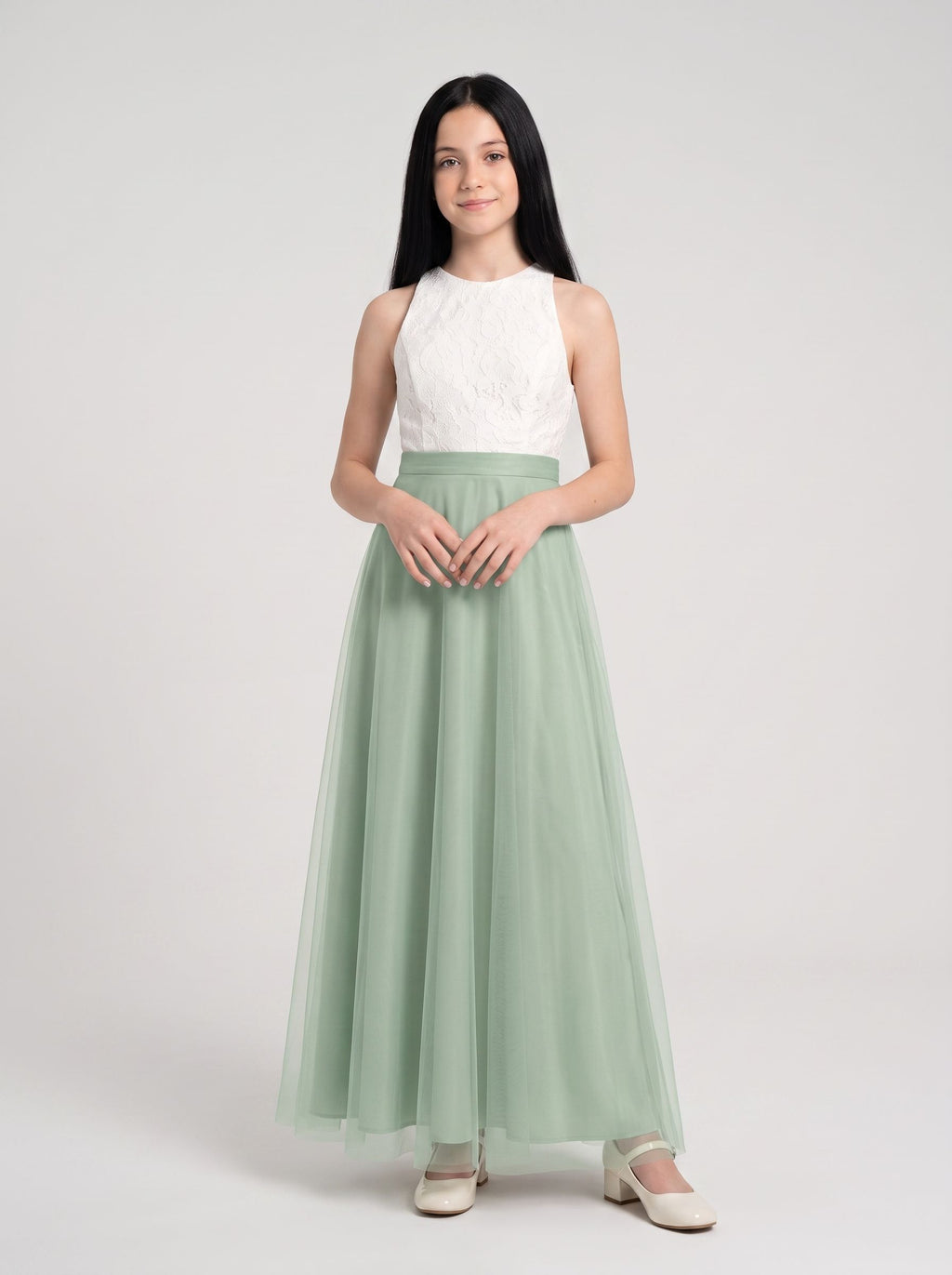 Dusty Sage Chiffon A-Line Scoop Neck Back Zip Floor-Length Dress with Lace Bodice