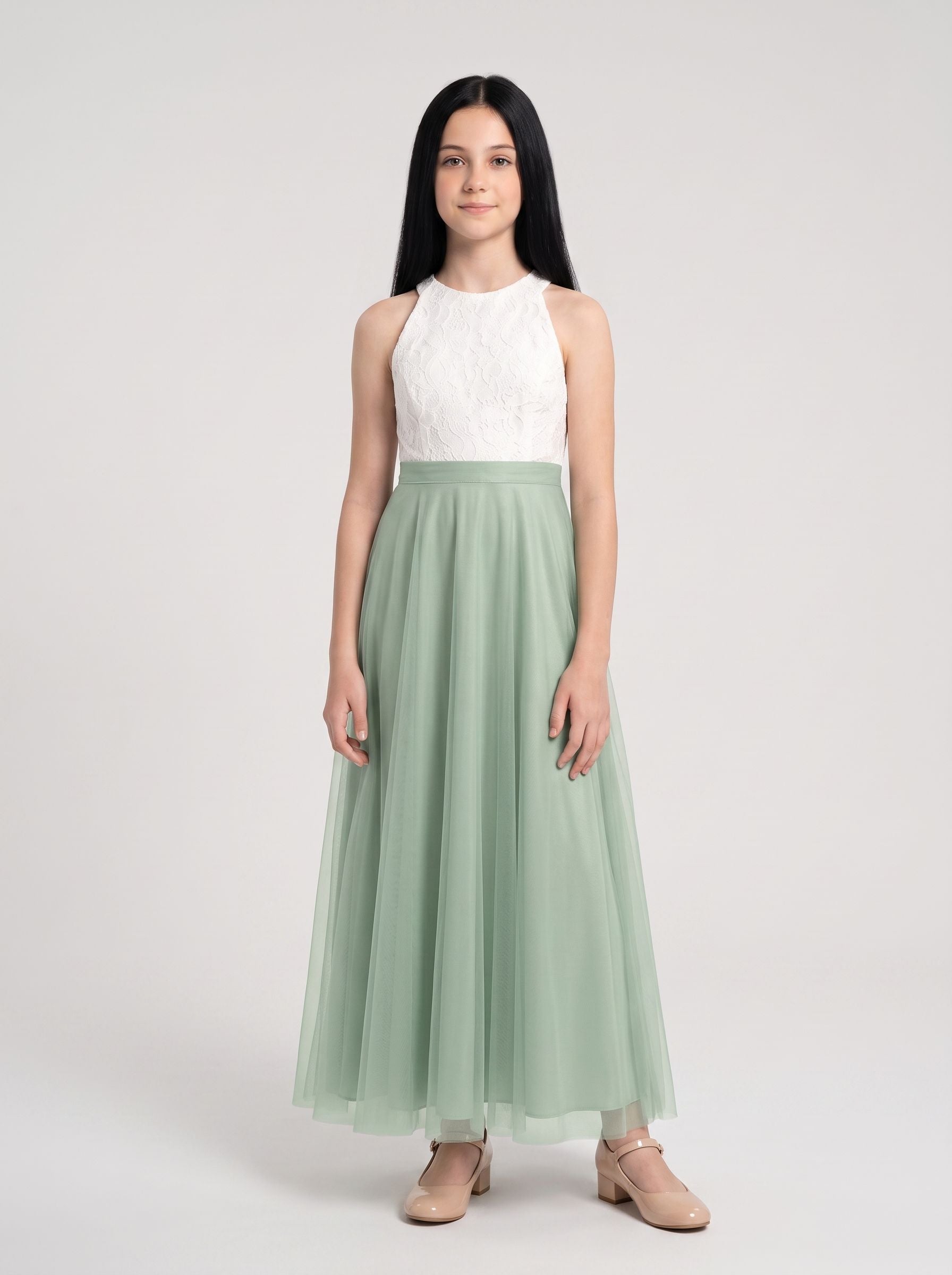 Dusty Sage Chiffon A-Line Scoop Neck Back Zip Floor-Length Dress with Lace Bodice