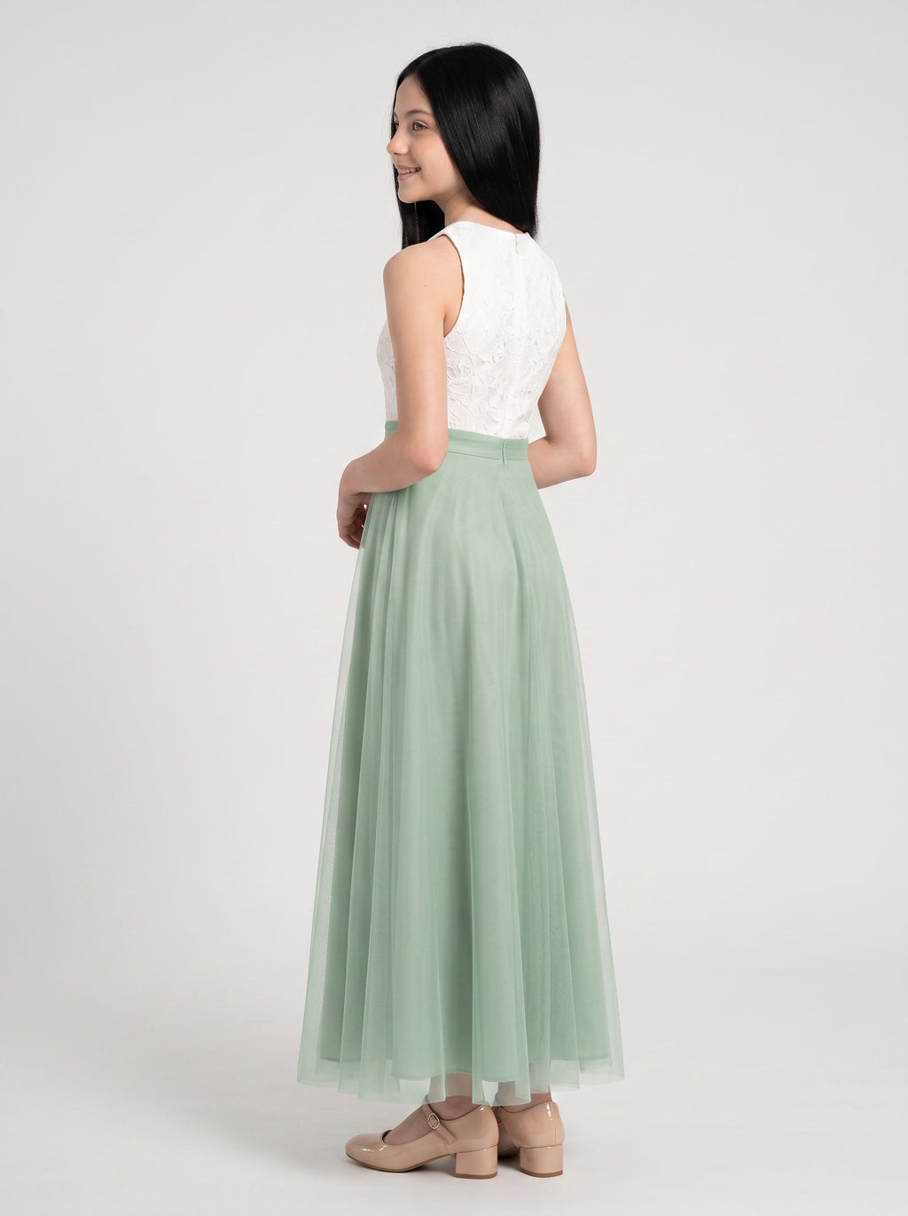 Dusty Sage Chiffon A-Line Scoop Neck Back Zip Floor-Length Dress with Lace Bodice