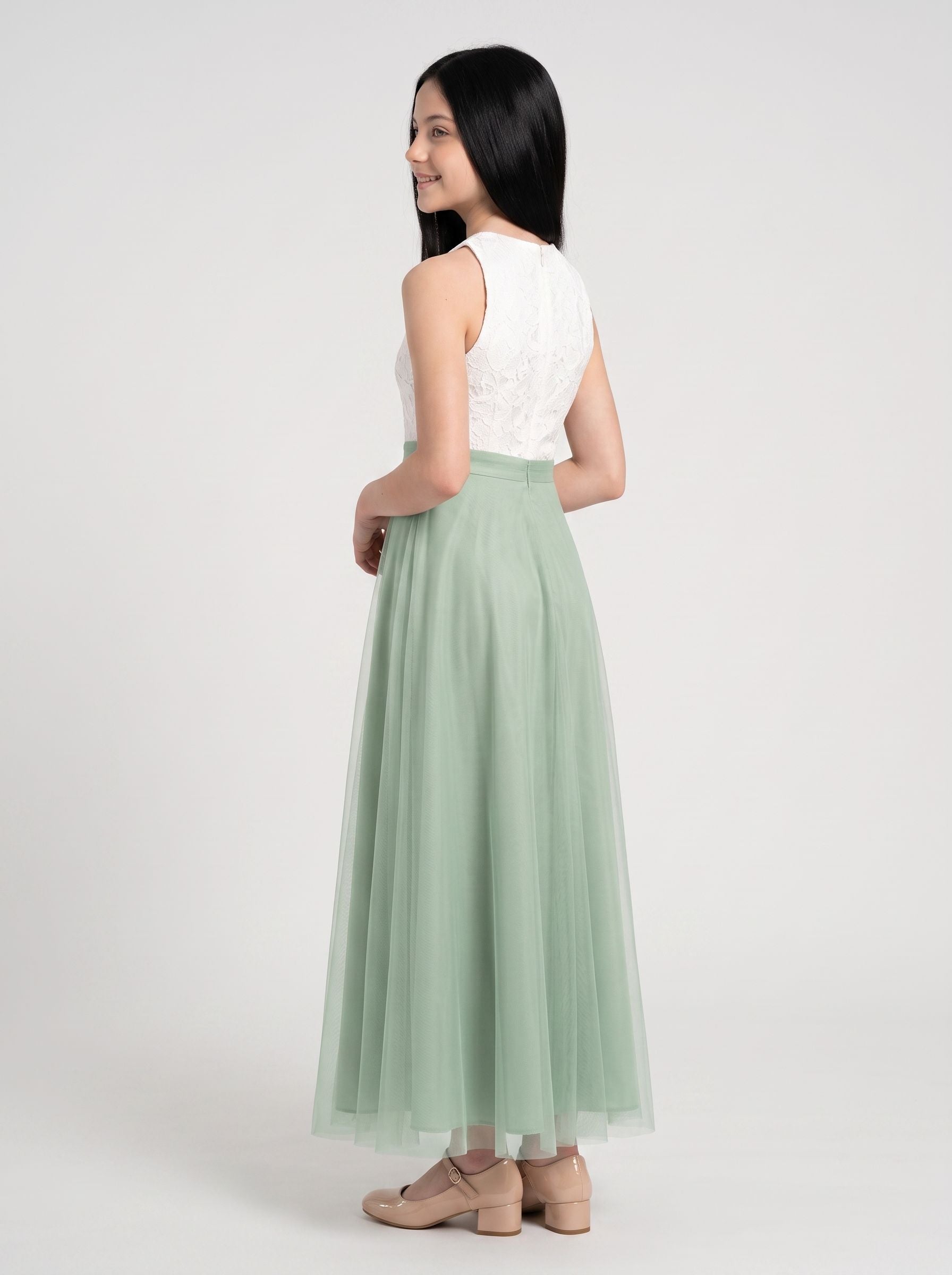 Dusty Sage Chiffon A-Line Scoop Neck Back Zip Floor-Length Dress with Lace Bodice