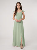 Dusty Sage Chiffon A-Line V-Neck Back Zip Floor-Length Dress with Pleated Bodice