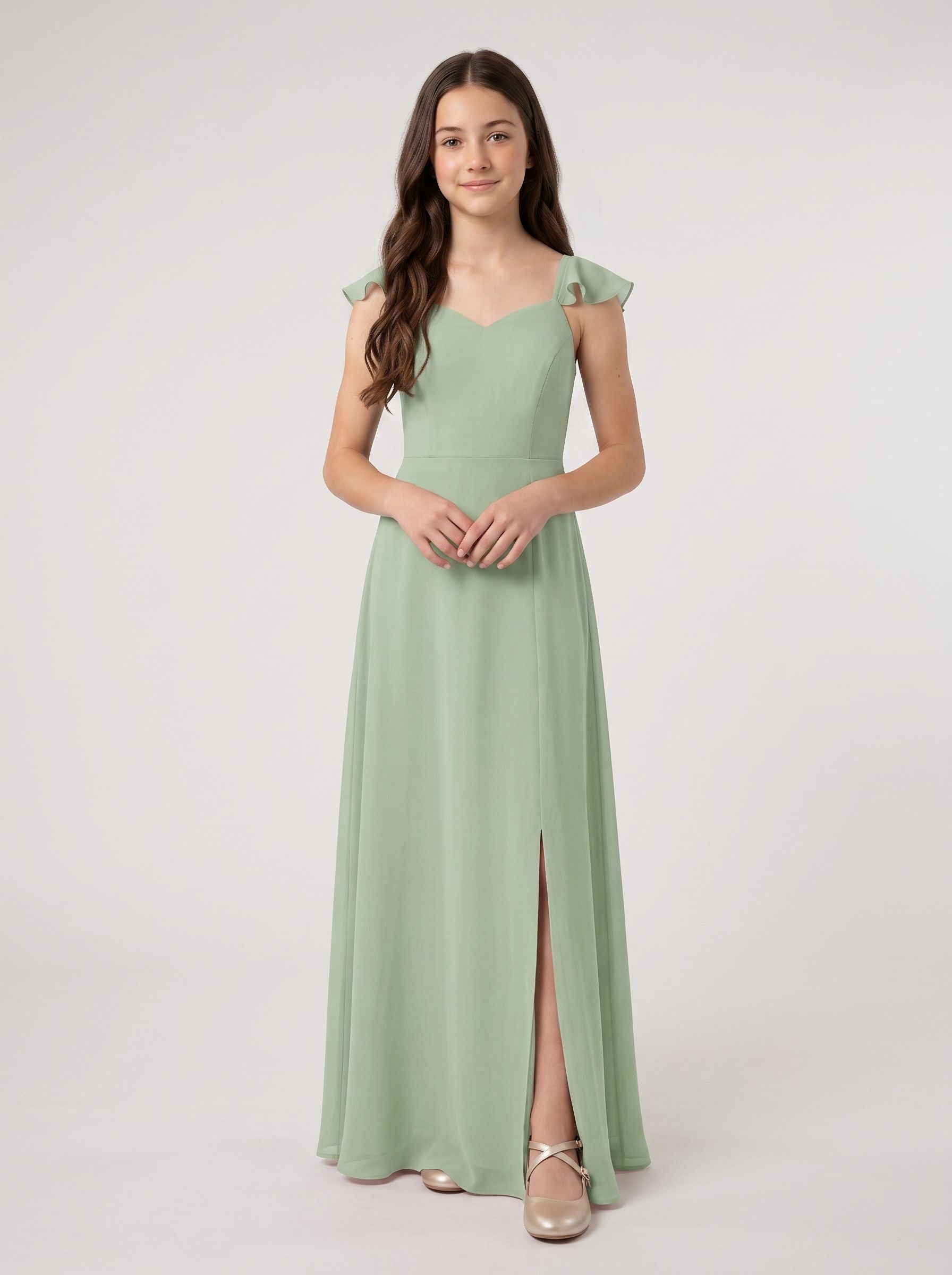 Dusty Sage Chiffon A-Line V-Neck Back Zip Floor-Length Dress with Pleated Bodice