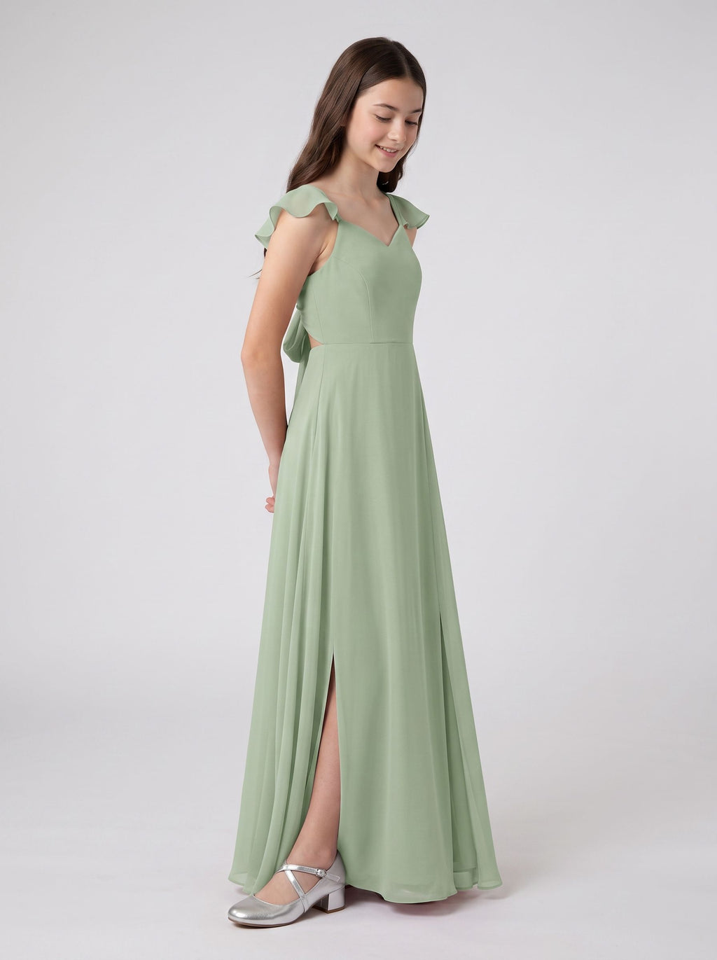 Dusty Sage Chiffon A-Line V-Neck Back Zip Floor-Length Dress with Pleated Bodice