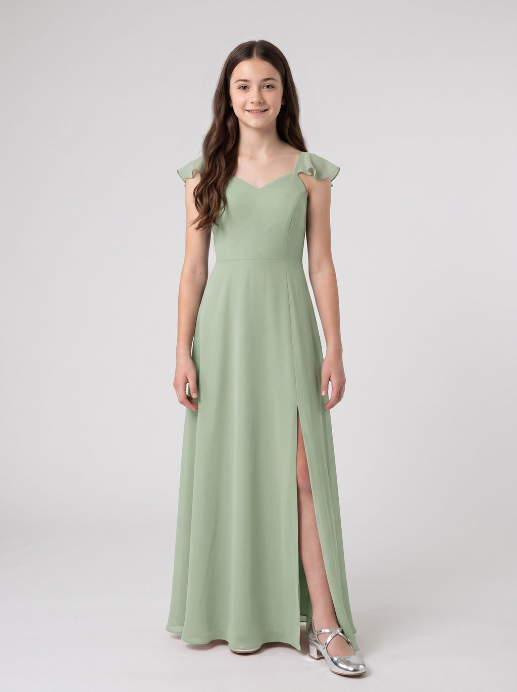 Dusty Sage Chiffon A-Line V-Neck Back Zip Floor-Length Dress with Pleated Bodice