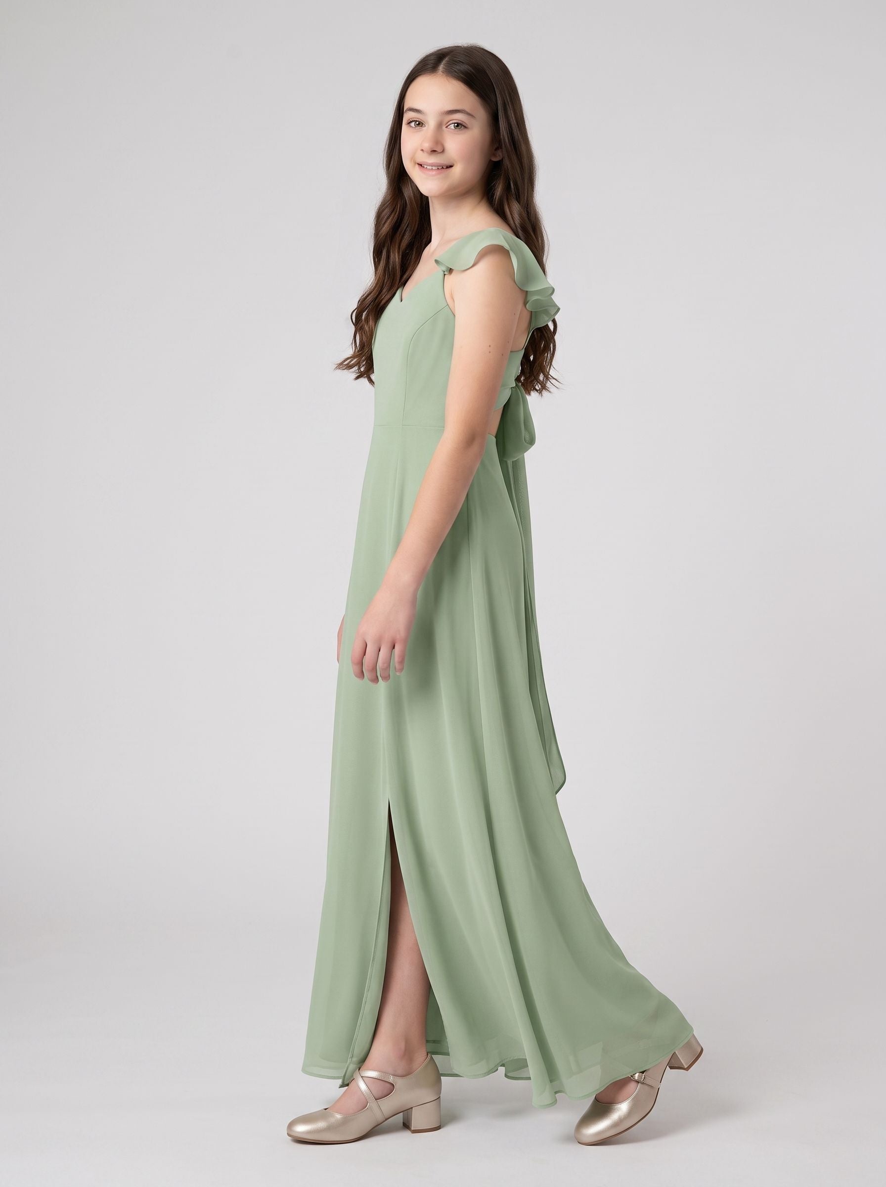 Dusty Sage Chiffon A-Line V-Neck Back Zip Floor-Length Dress with Pleated Bodice