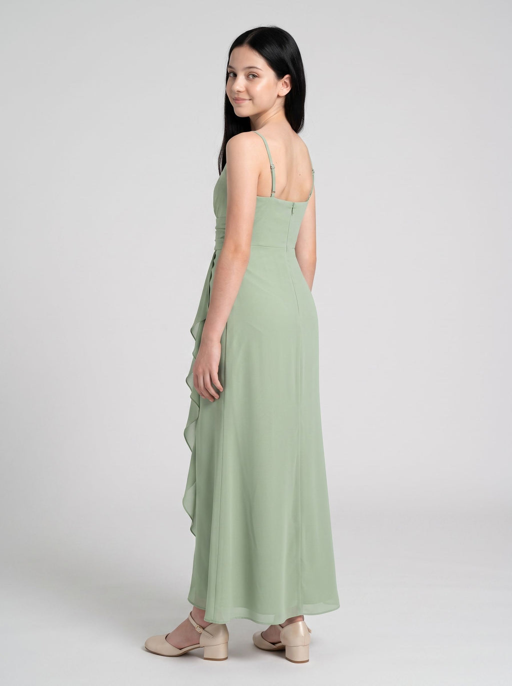 Dusty Sage Chiffon Sheath Straight Neck Back Zip Floor-Length Dress with Pleated Bodice