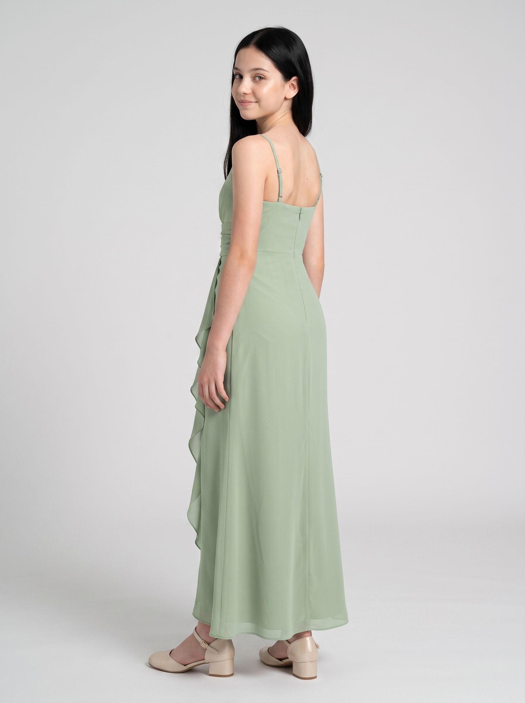 Dusty Sage Chiffon Sheath Straight Neck Back Zip Floor-Length Dress with Pleated Bodice