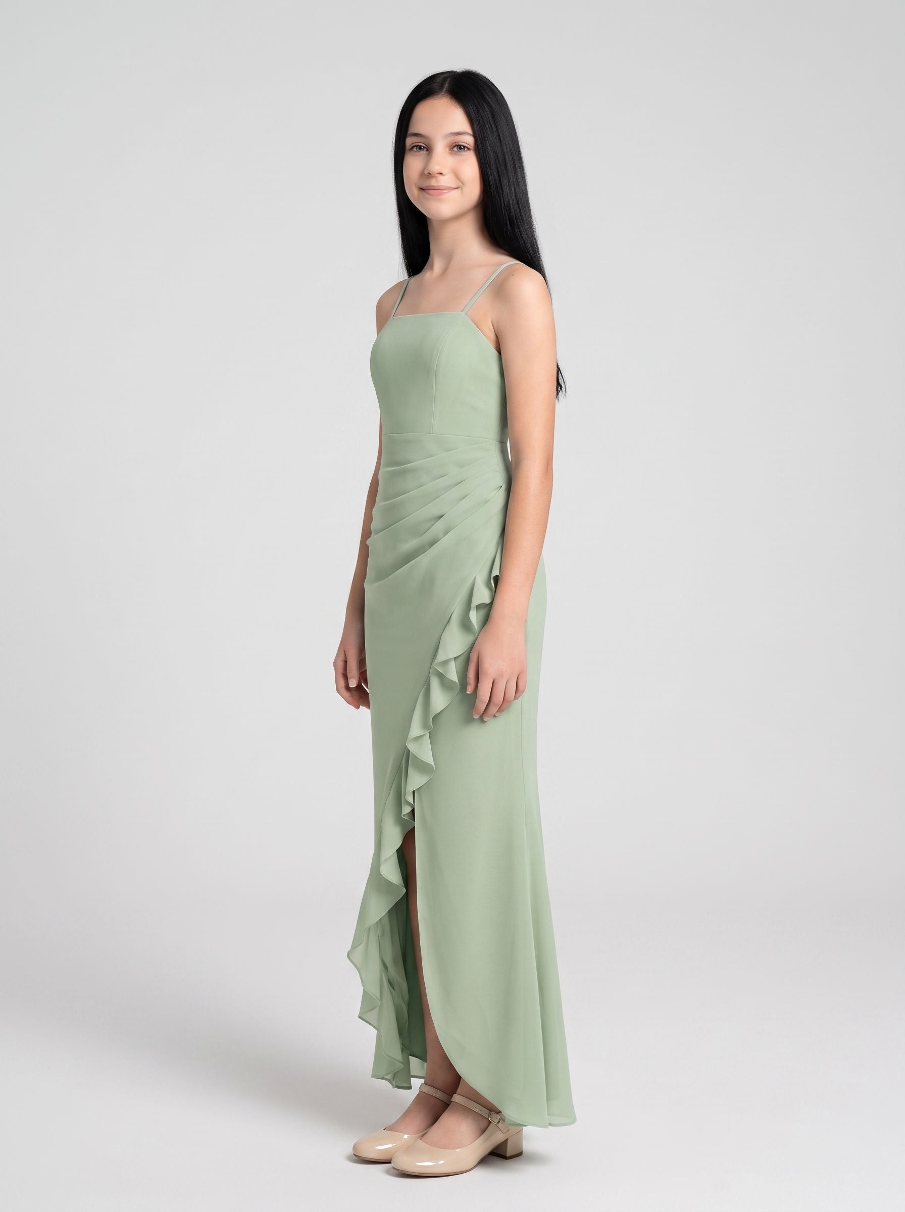 Dusty Sage Chiffon Sheath Straight Neck Back Zip Floor-Length Dress with Pleated Bodice