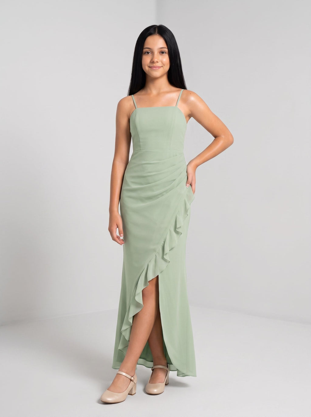 Dusty Sage Chiffon Sheath Straight Neck Back Zip Floor-Length Dress with Pleated Bodice