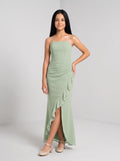 Dusty Sage Chiffon Sheath Straight Neck Back Zip Floor-Length Dress with Pleated Bodice