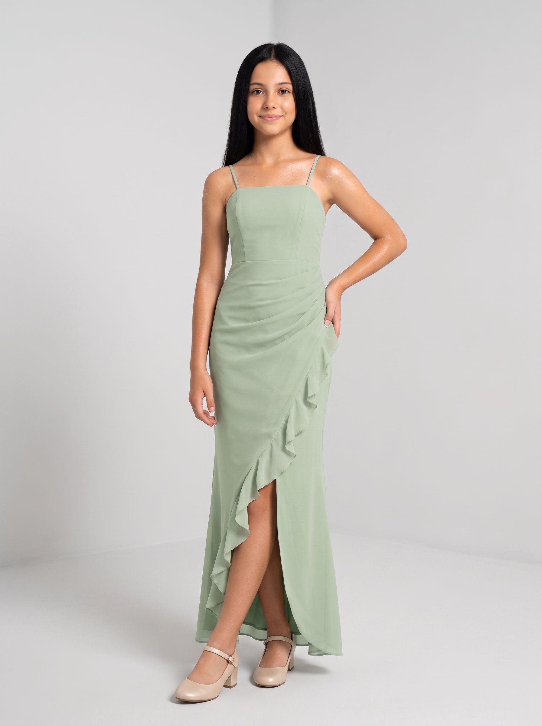 Dusty Sage Chiffon Sheath Straight Neck Back Zip Floor-Length Dress with Pleated Bodice