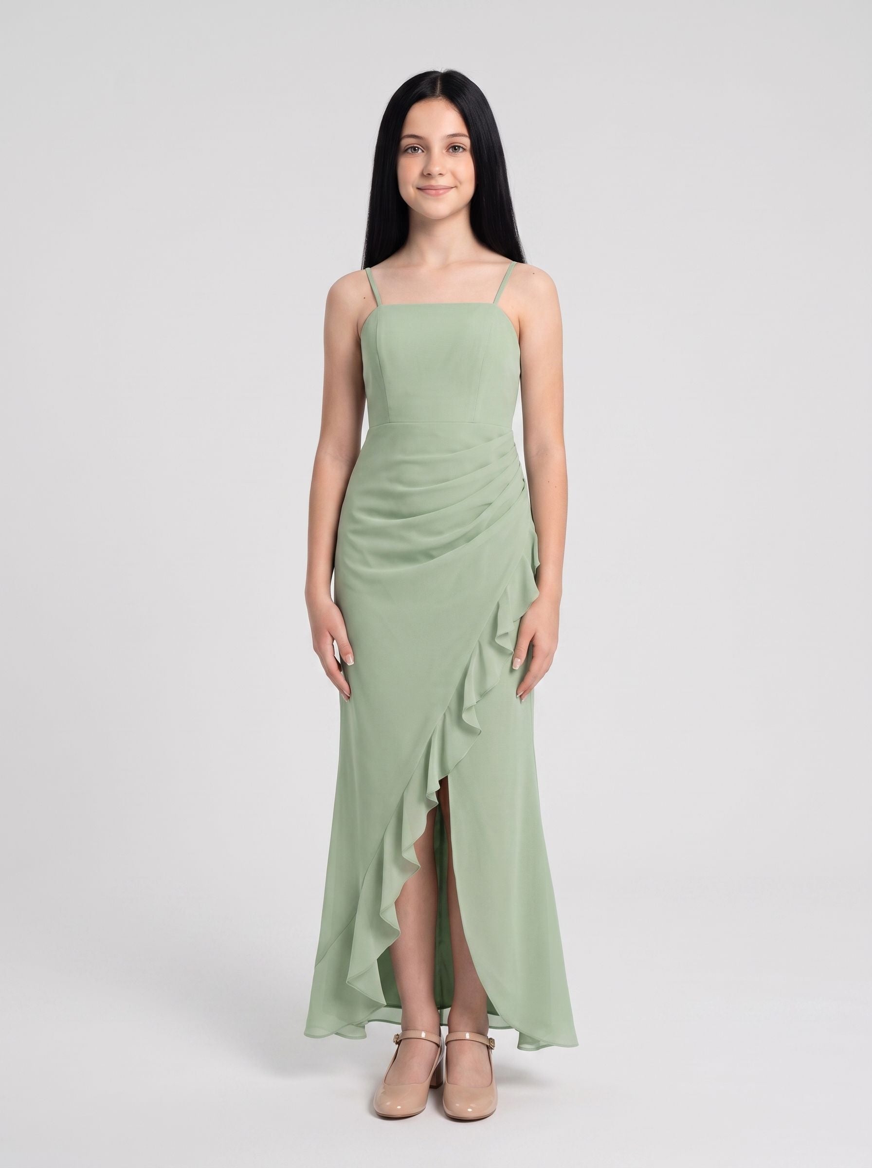 Dusty Sage Chiffon Sheath Straight Neck Back Zip Floor-Length Dress with Pleated Bodice