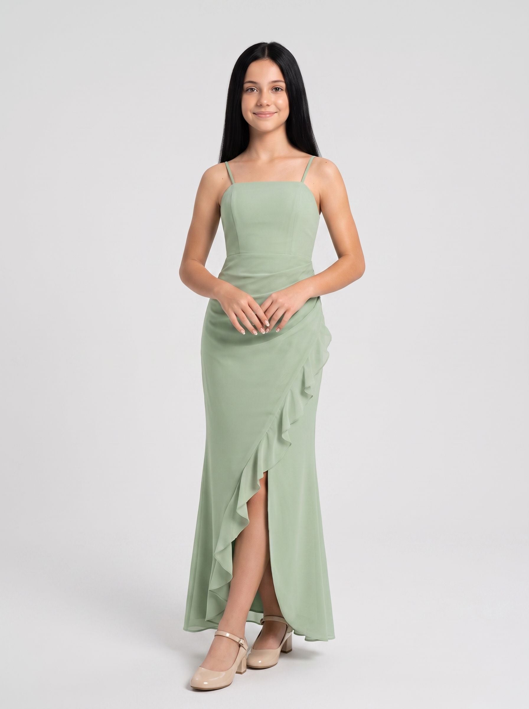 Dusty Sage Chiffon Sheath Straight Neck Back Zip Floor-Length Dress with Pleated Bodice