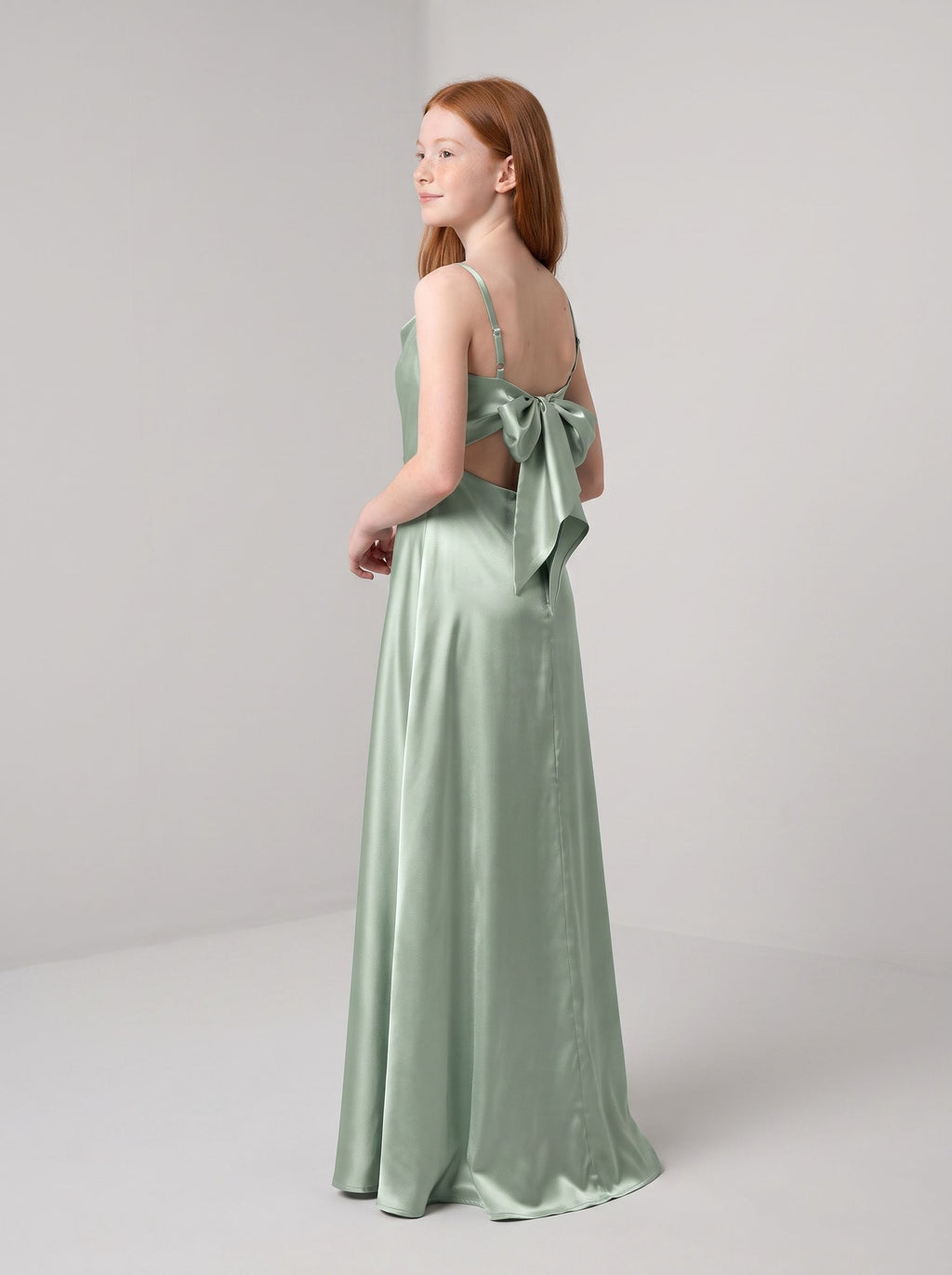 Dusty Sage Satin A-Line Cowl Neck Bow Floor-Length Dress with Pleated Bodice