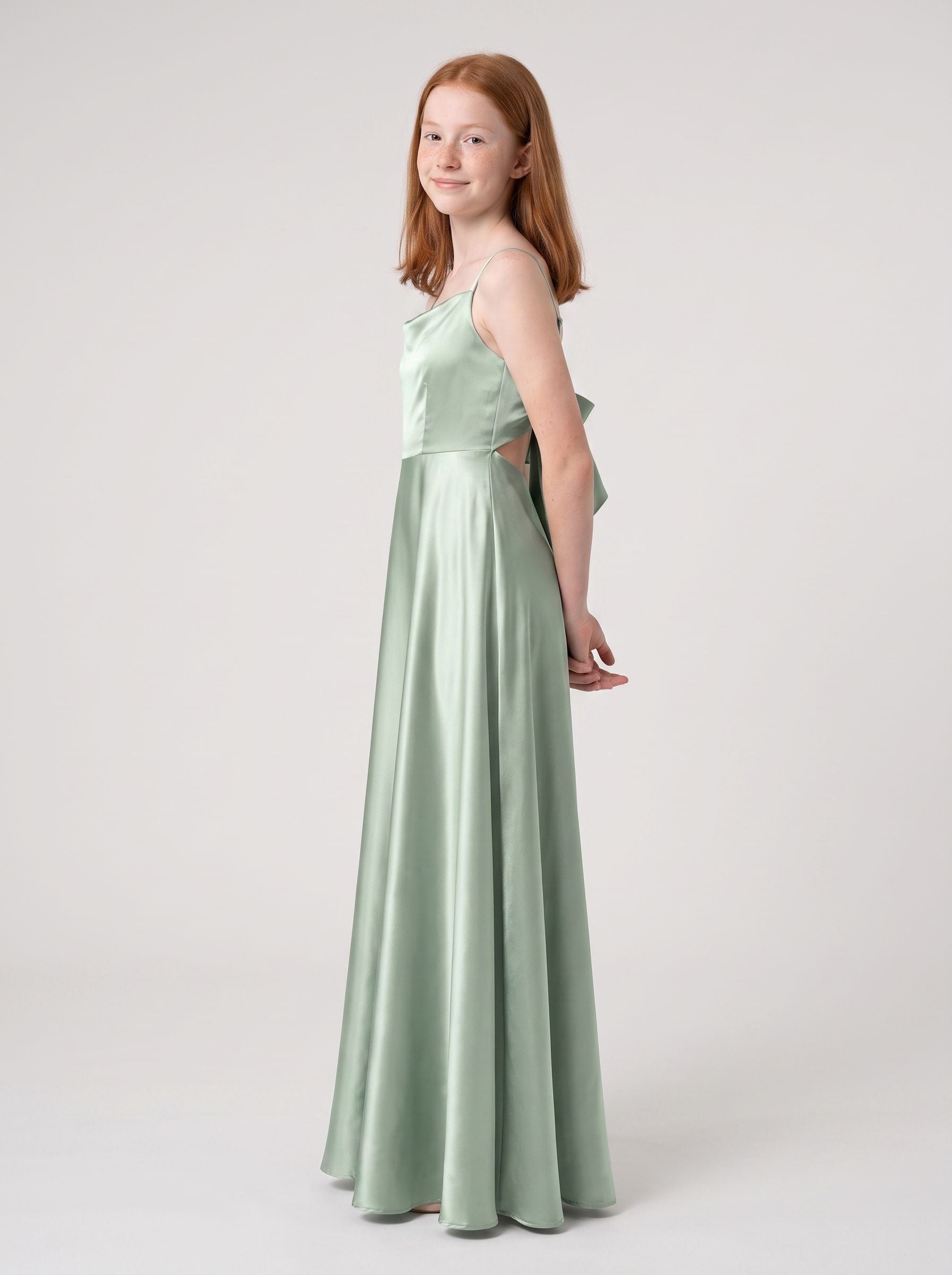 Dusty Sage Satin A-Line Cowl Neck Bow Floor-Length Dress with Pleated Bodice