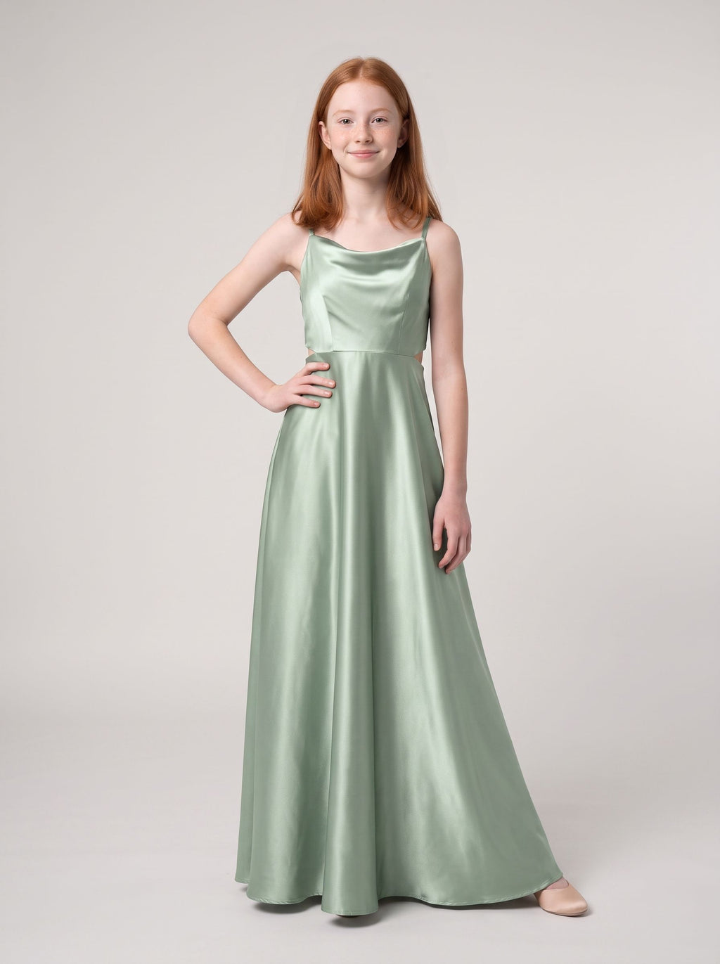 Dusty Sage Satin A-Line Cowl Neck Bow Floor-Length Dress with Pleated Bodice