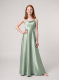 Dusty Sage Satin A-Line Cowl Neck Bow Floor-Length Dress with Pleated Bodice