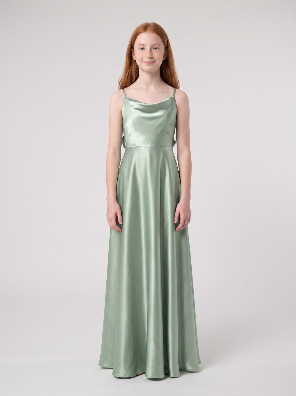 Dusty Sage Satin A-Line Cowl Neck Bow Floor-Length Dress with Pleated Bodice