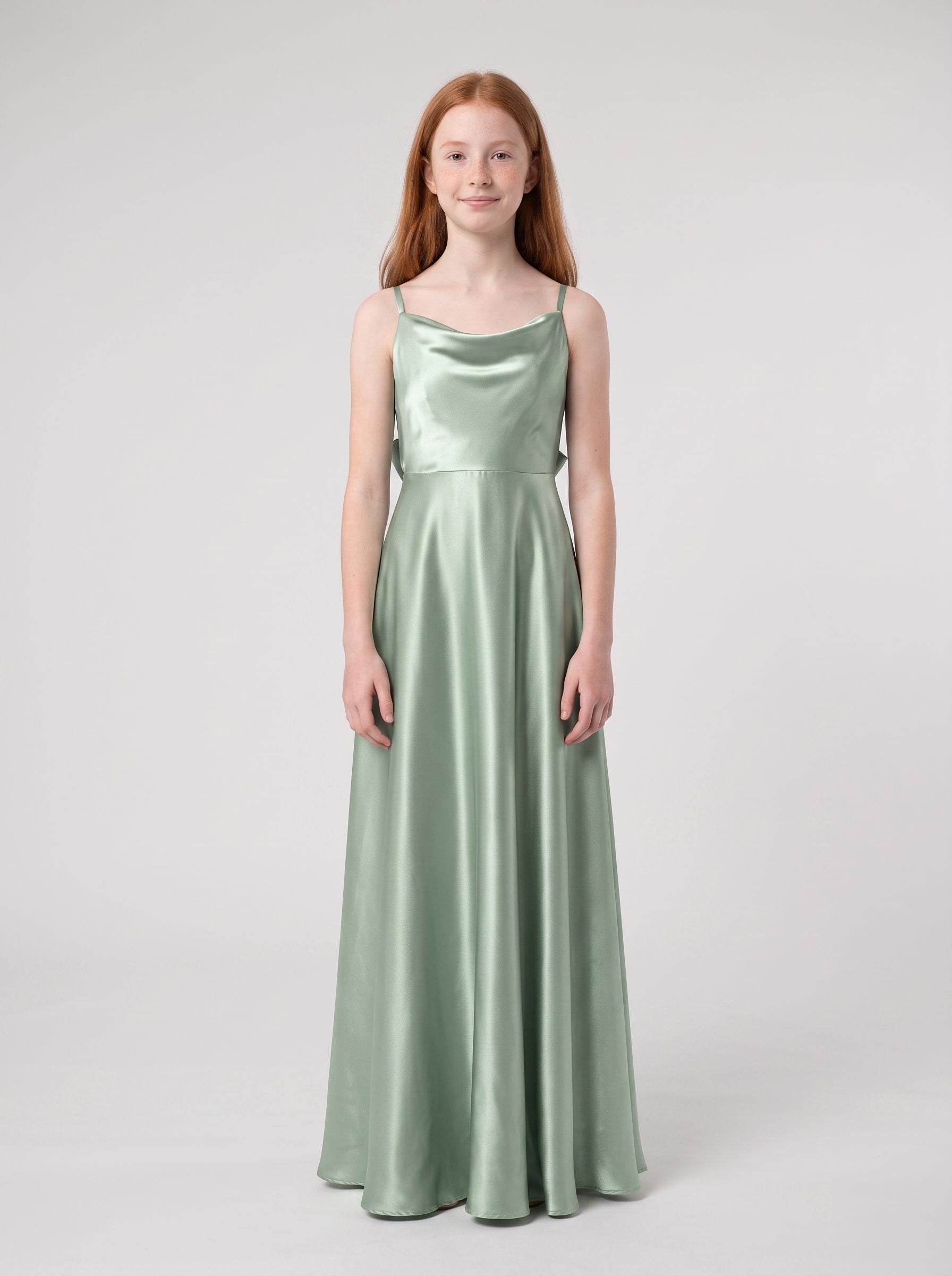 Dusty Sage Satin A-Line Cowl Neck Bow Floor-Length Dress with Pleated Bodice