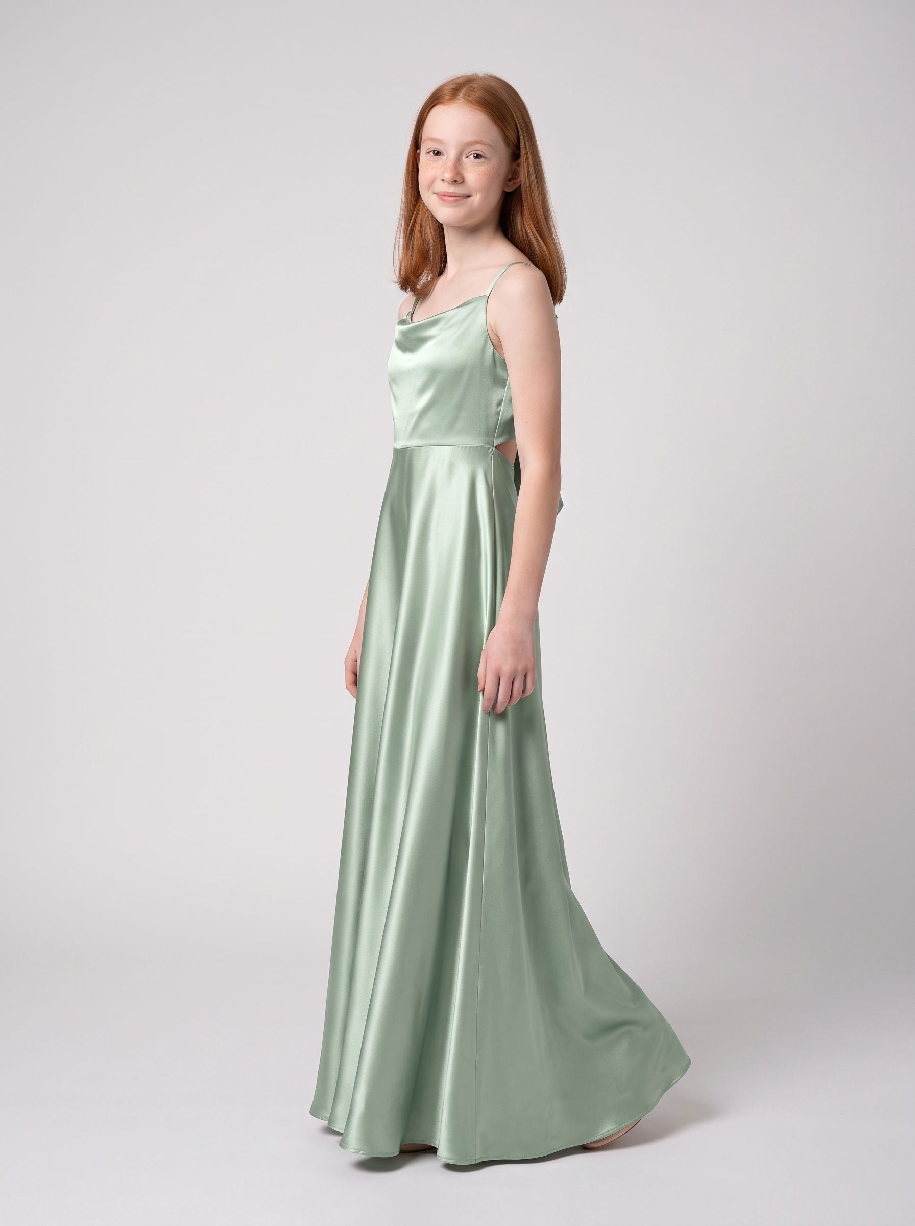 Dusty Sage Satin A-Line Cowl Neck Bow Floor-Length Dress with Pleated Bodice
