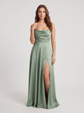 Dusty Sage Satin A-Line Straight Neck Corset Back Floor-Length Dress with a High Slit