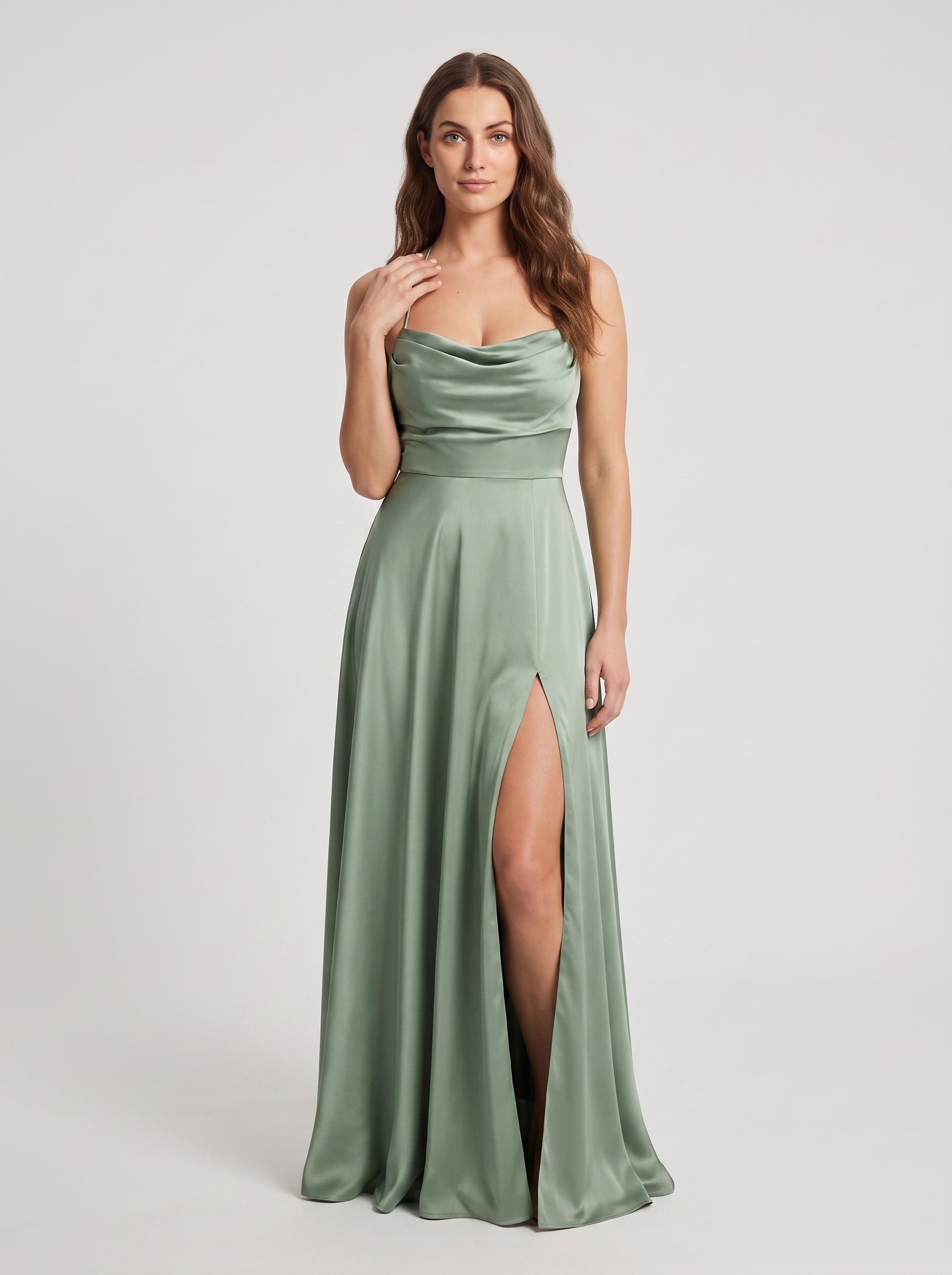Dusty Sage Satin A-Line Straight Neck Corset Back Floor-Length Dress with a High Slit