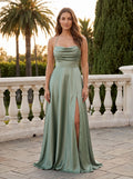 Dusty Sage Satin A-Line Straight Neck Corset Back Floor-Length Dress with a High Slit