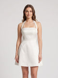 Ivory Satin A-Line Halter neckline Back Zip Short Dress with Pleated Bodice