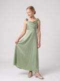 Dusty Sage Satin Empire Cowl Neck Back Zip Floor-Length Dress with Pleated Bodice