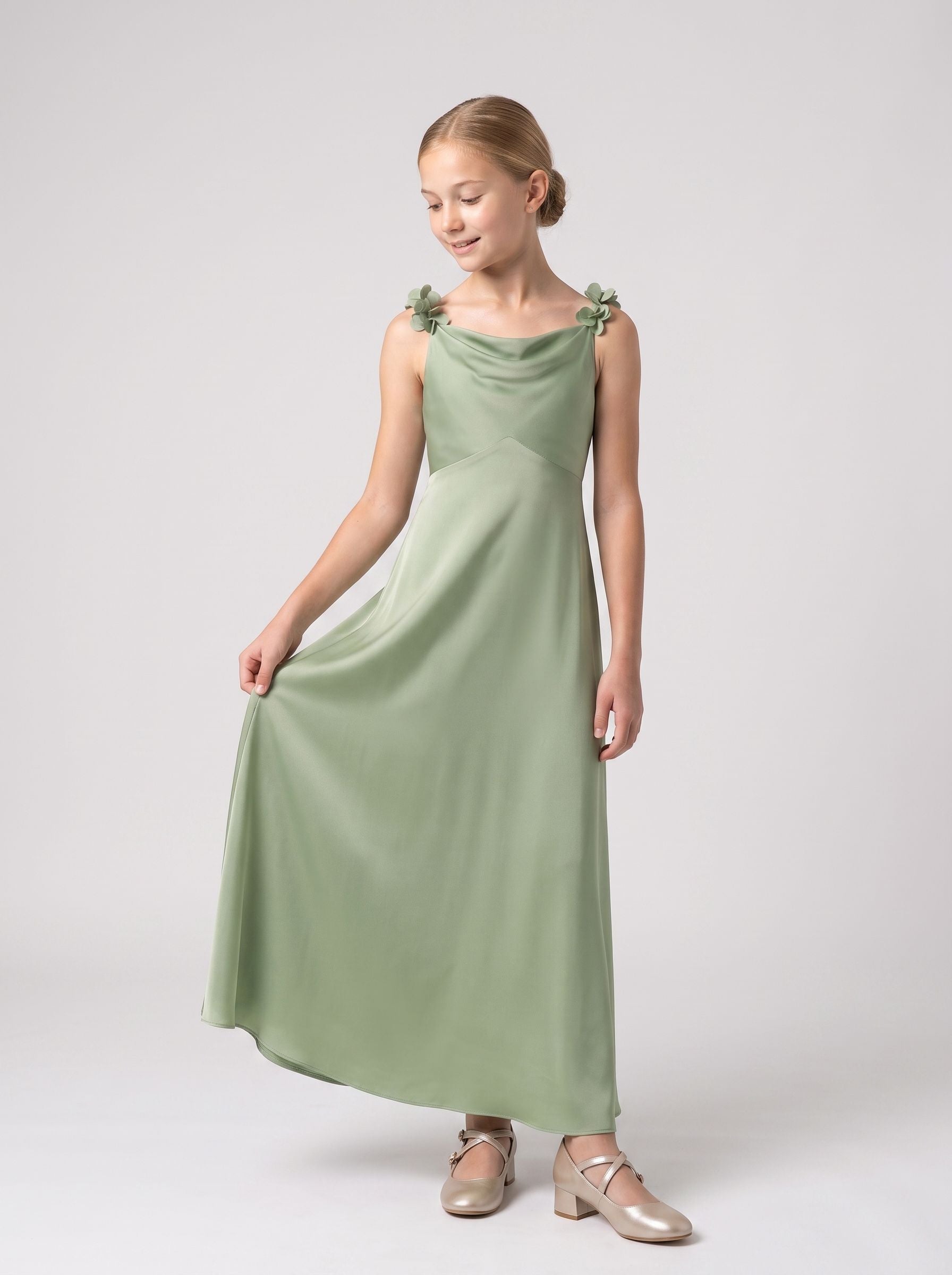Dusty Sage Satin Empire Cowl Neck Back Zip Floor-Length Dress with Pleated Bodice