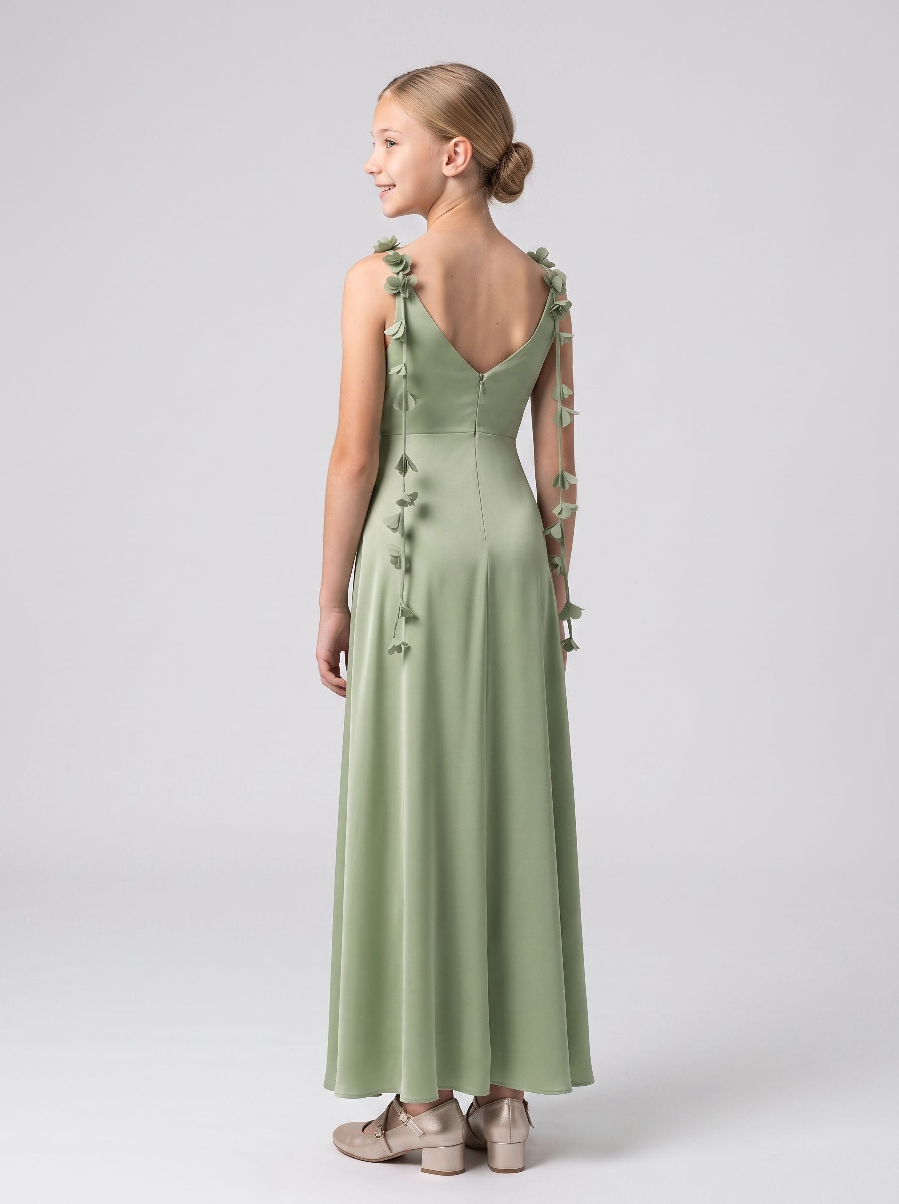 Dusty Sage Satin Empire Cowl Neck Back Zip Floor-Length Dress with Pleated Bodice