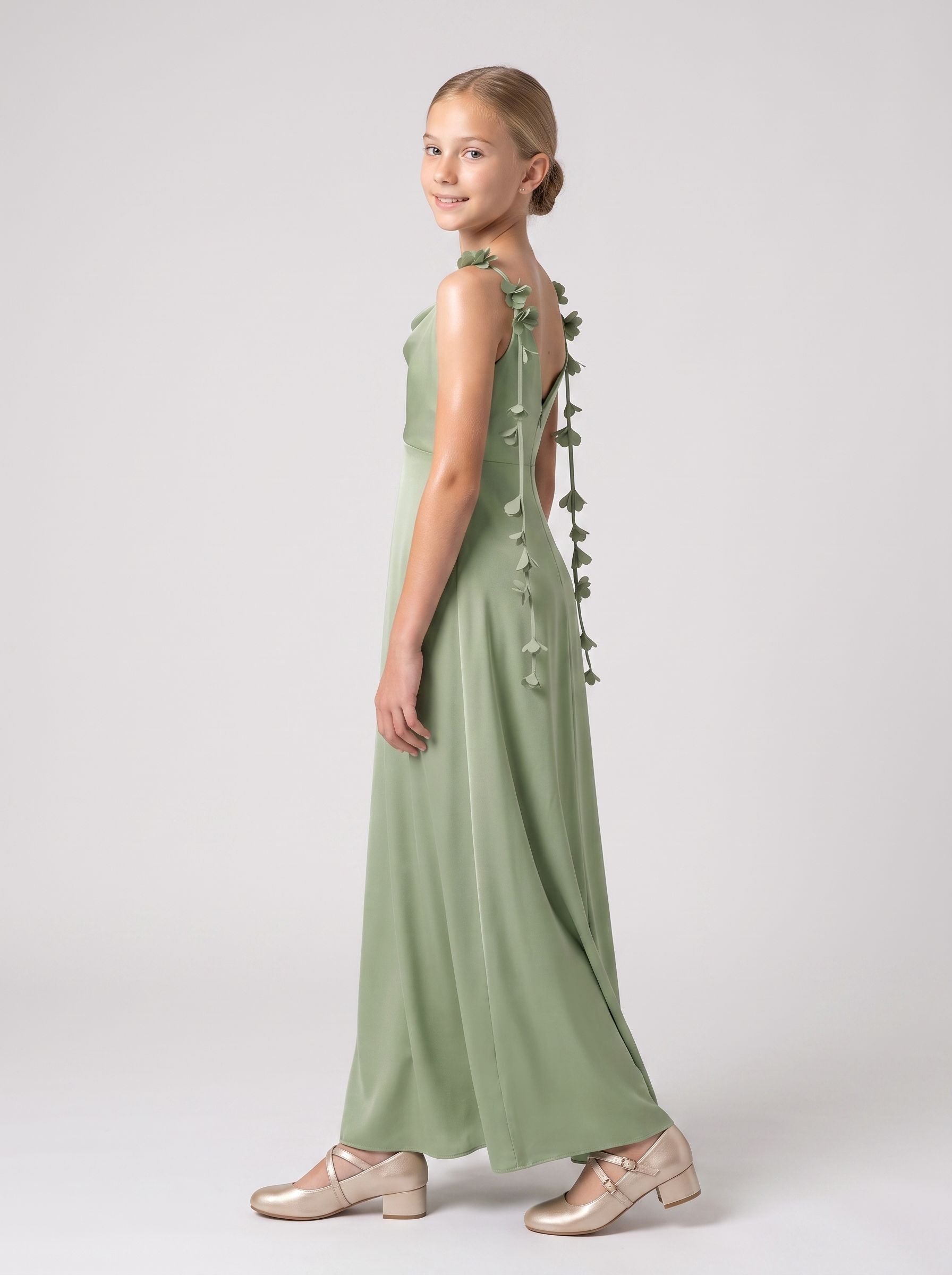 Dusty Sage Satin Empire Cowl Neck Back Zip Floor-Length Dress with Pleated Bodice