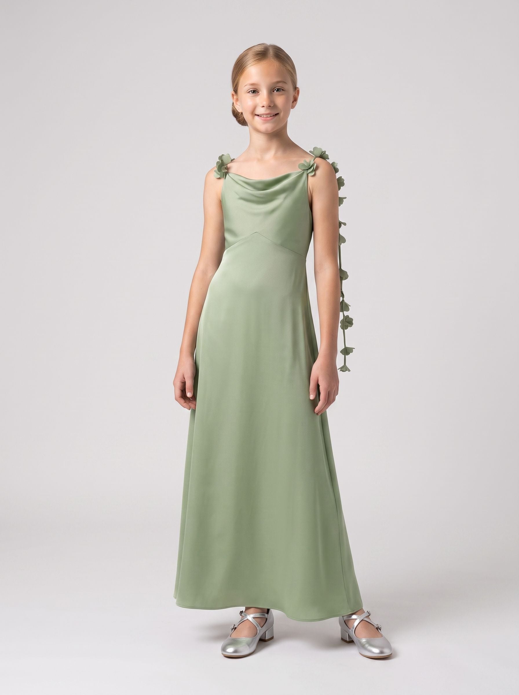 Dusty Sage Satin Empire Cowl Neck Back Zip Floor-Length Dress with Pleated Bodice