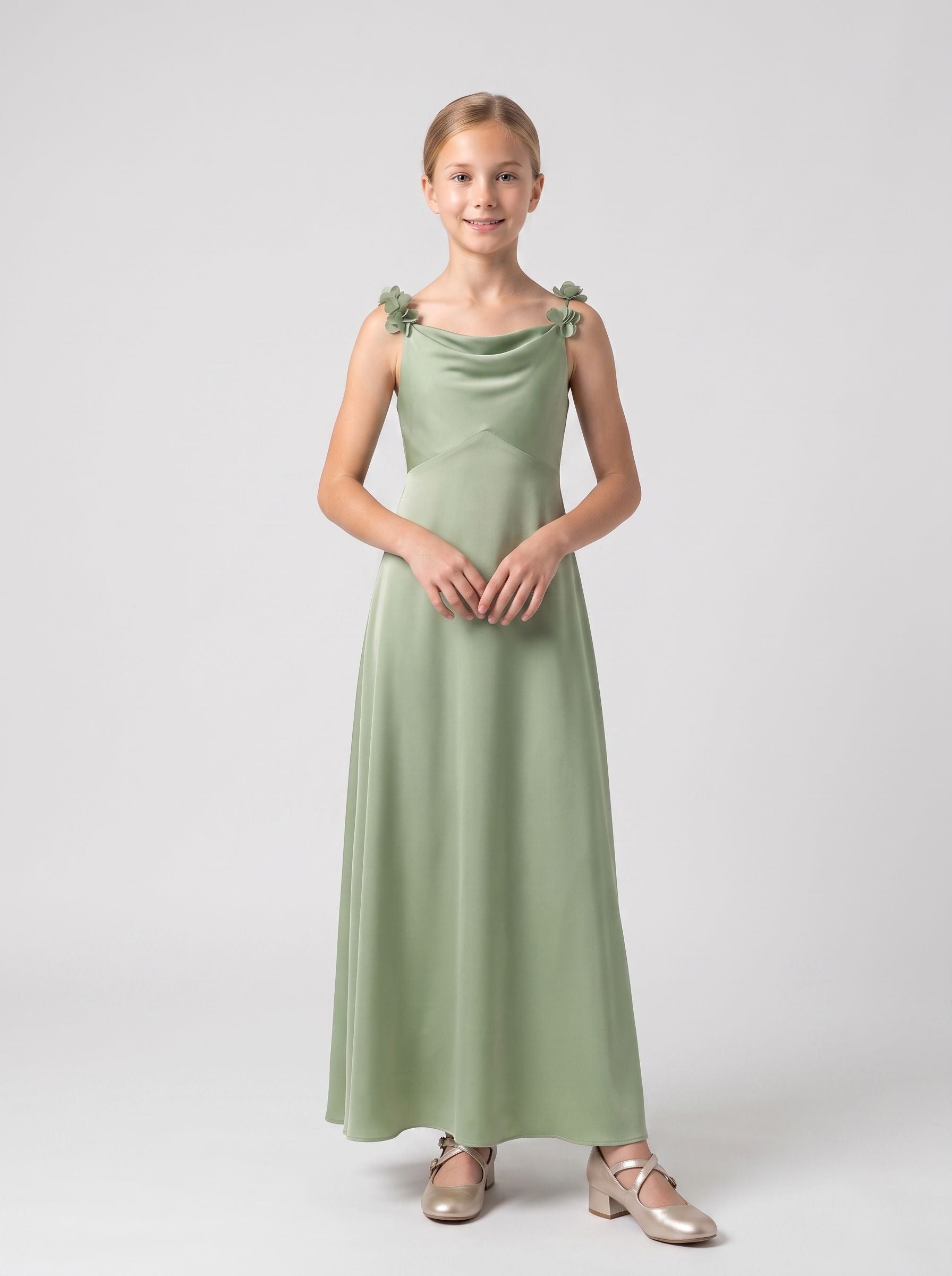Dusty Sage Satin Empire Cowl Neck Back Zip Floor-Length Dress with Pleated Bodice