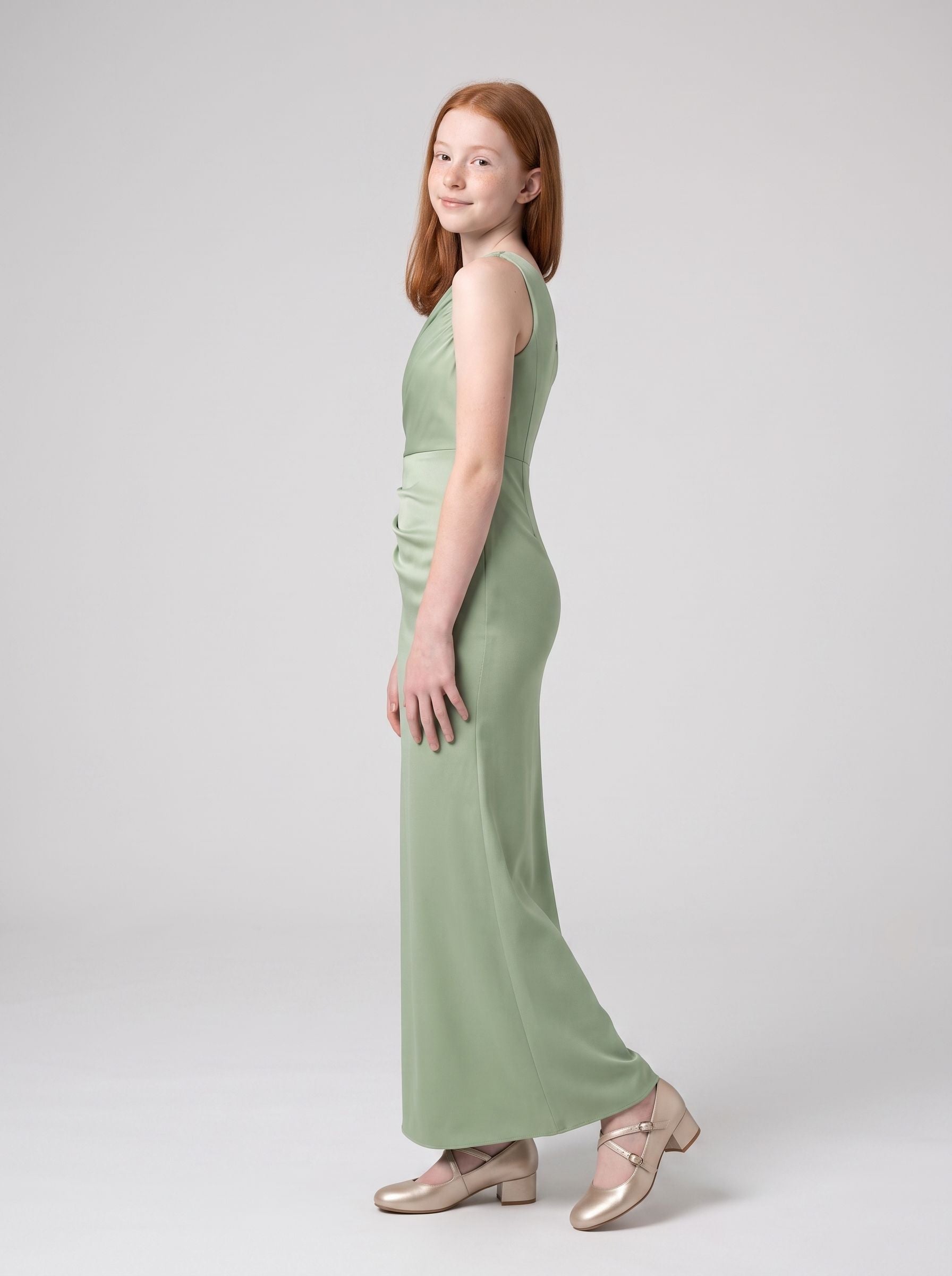Dusty Sage Satin Sheath/column V-Neck Back Zip Floor-Length Dress with Pleating