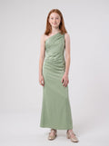 Dusty Sage Satin Sheath/column V-Neck Back Zip Floor-Length Dress with Pleating