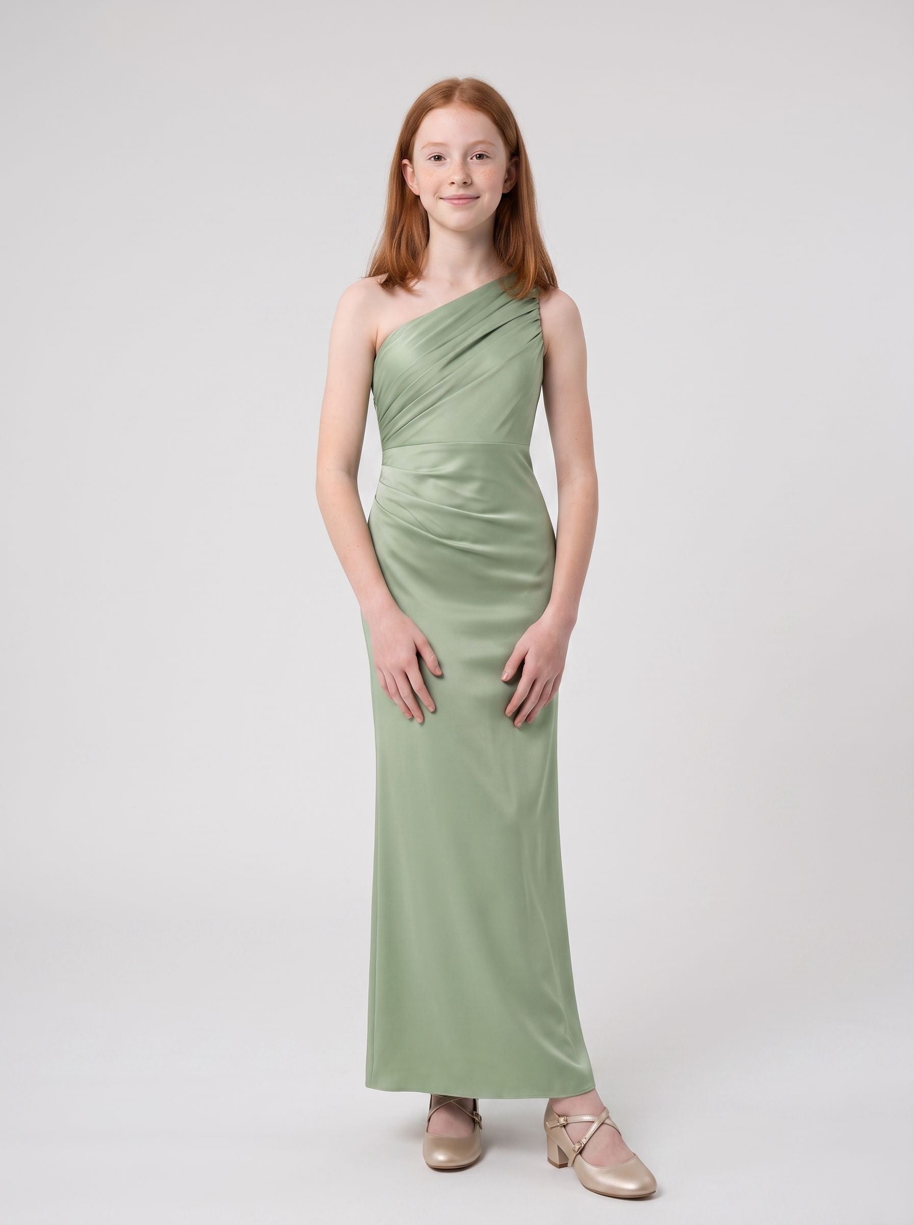 Dusty Sage Satin Sheath/column V-Neck Back Zip Floor-Length Dress with Pleating