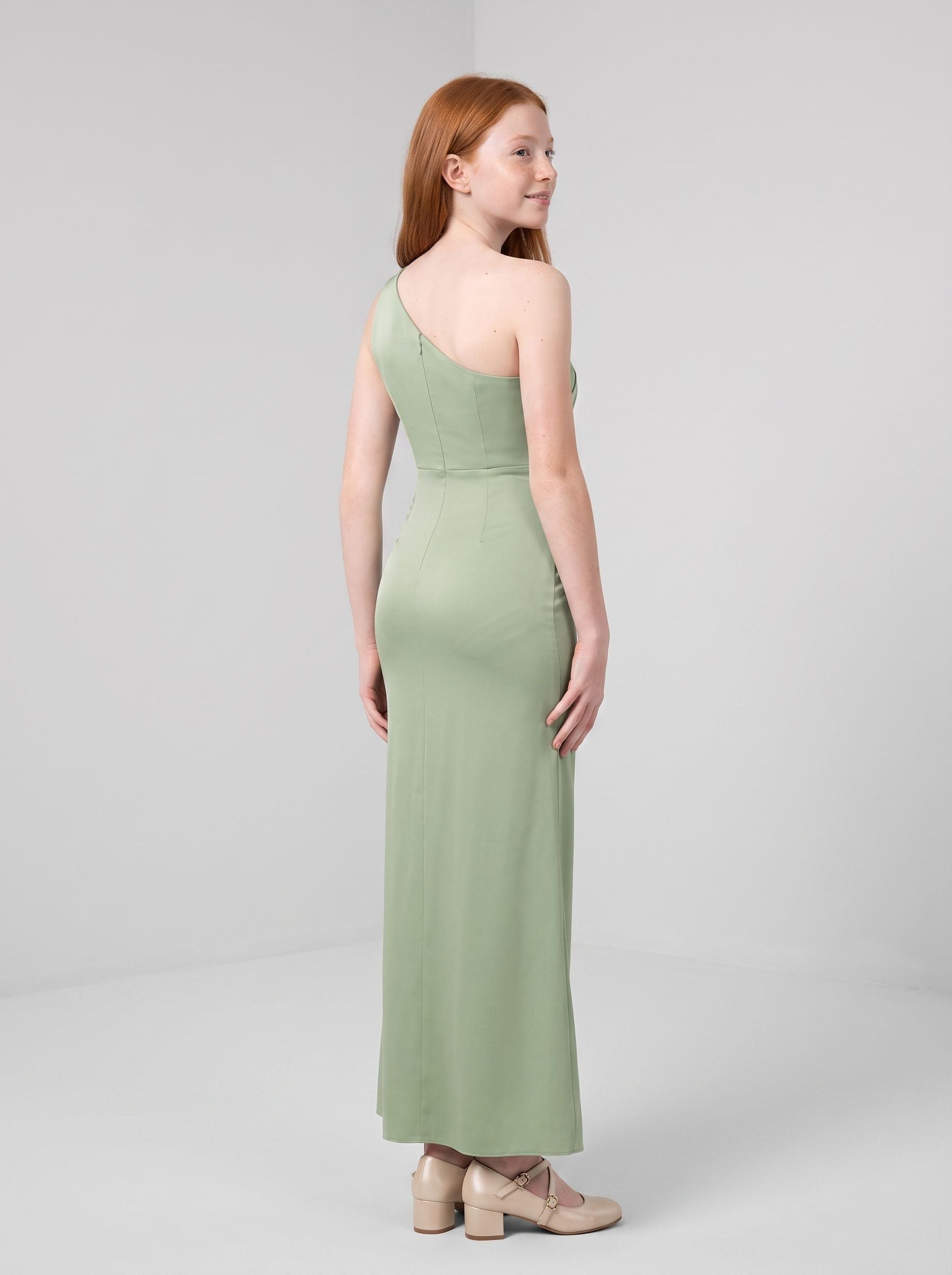 Dusty Sage Satin Sheath/column V-Neck Back Zip Floor-Length Dress with Pleating