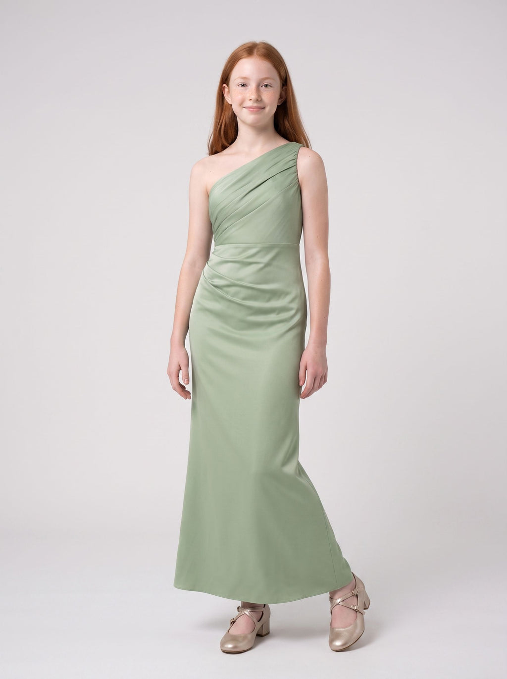 Dusty Sage Satin Sheath/column V-Neck Back Zip Floor-Length Dress with Pleating