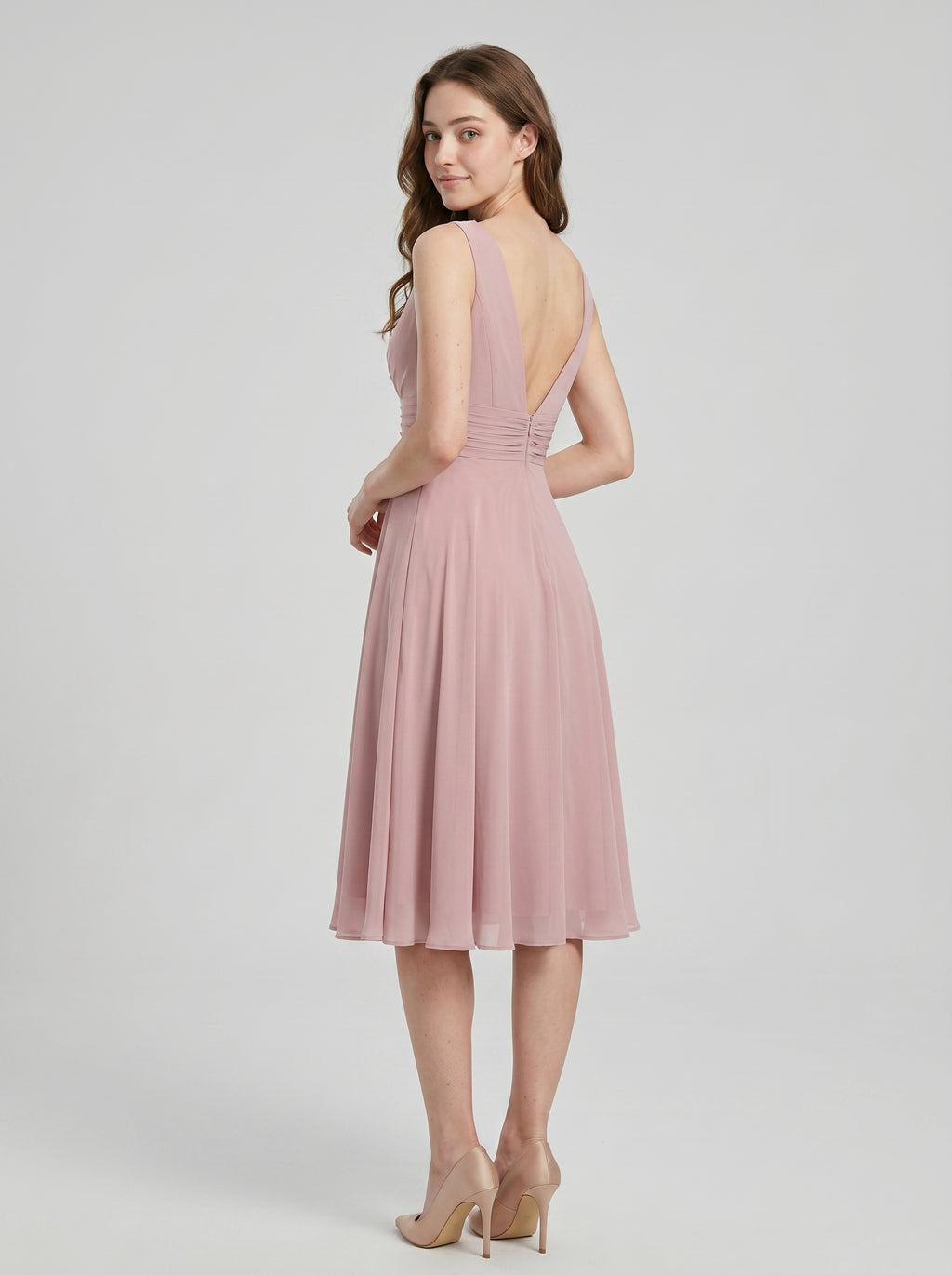 Coquette Dusty Rose Chiffon A-Line V-Neck V-Back with  Knee-Length Bridesmaid Dress