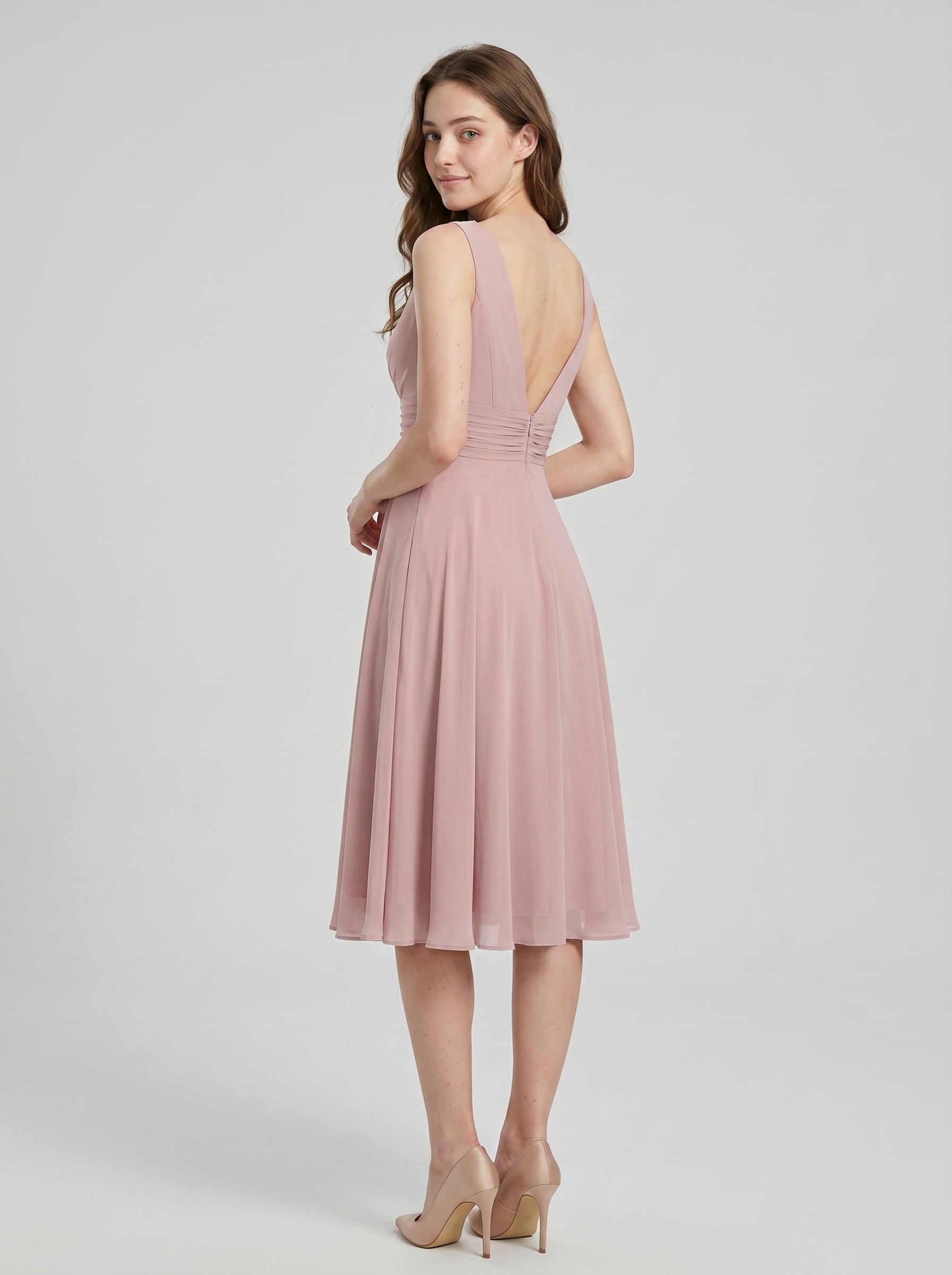 Coquette Dusty Rose Chiffon A-Line V-Neck V-Back with  Knee-Length Bridesmaid Dress