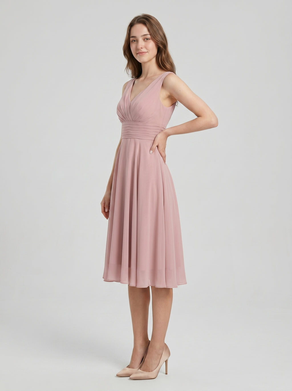 Coquette Dusty Rose Chiffon A-Line V-Neck V-Back with  Knee-Length Bridesmaid Dress