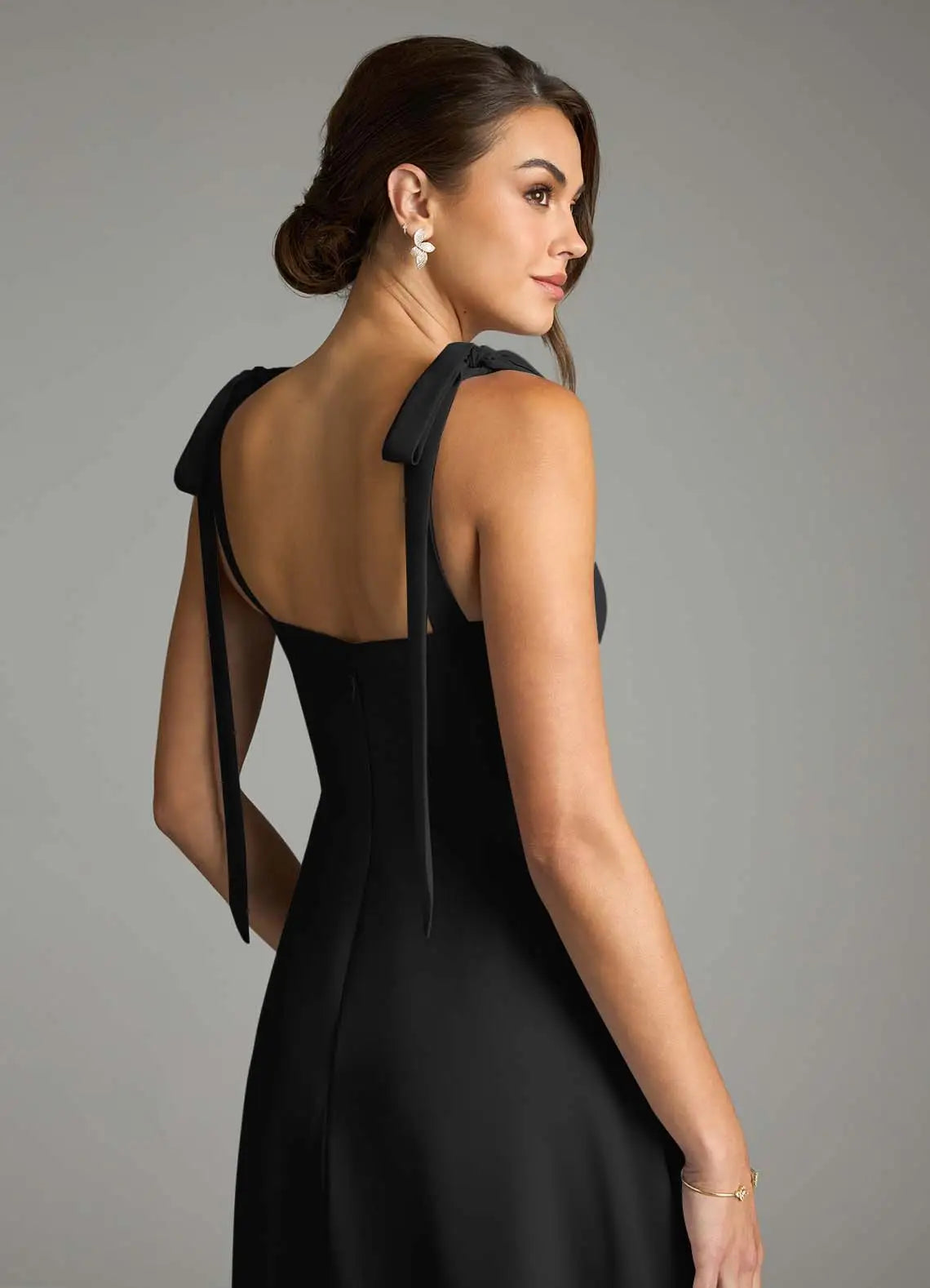 Chic Bridesmaid Dress with Square Neckline, Tie Shoulder Straps and Side Slit
