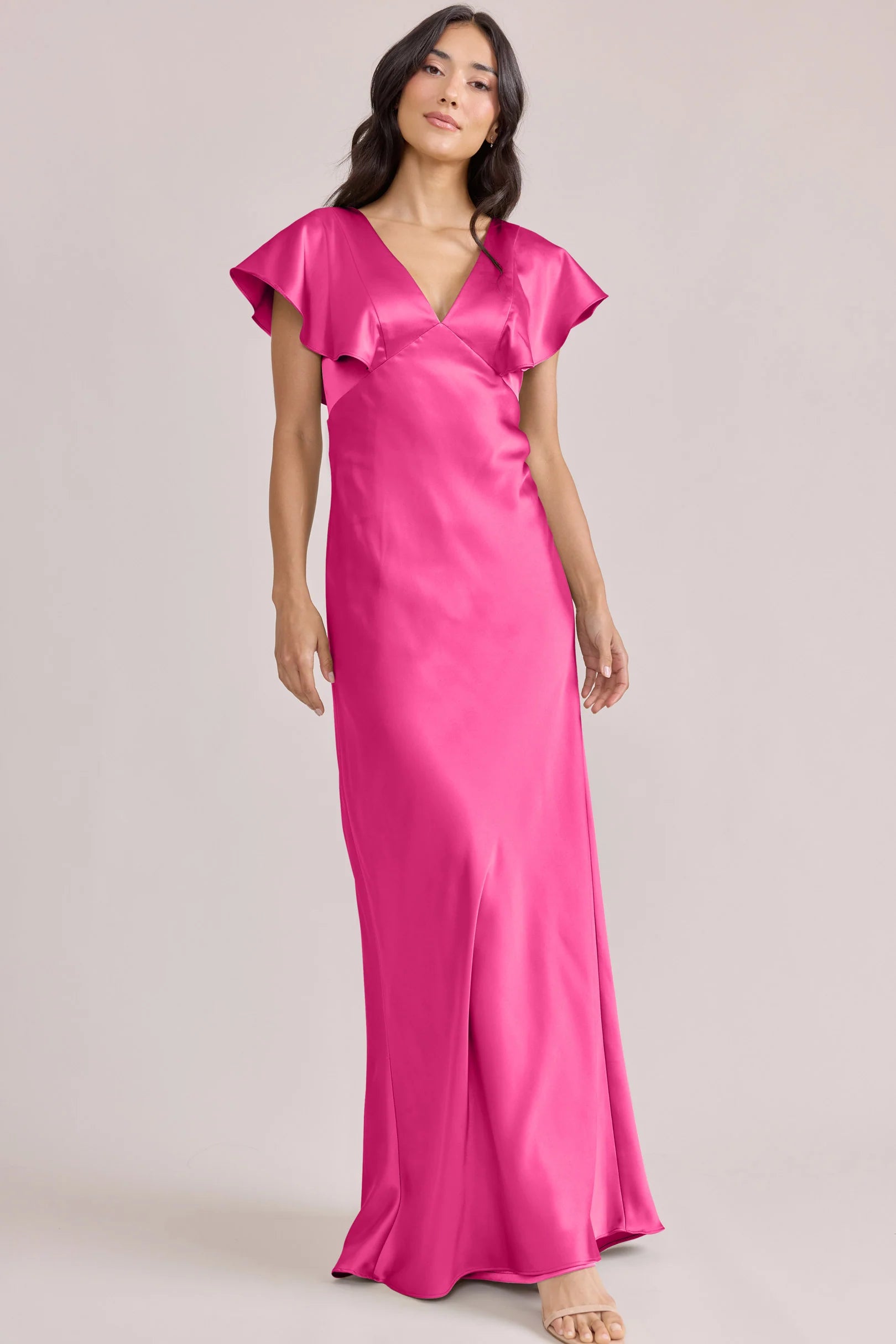 Romantic V-Neck Hot Pink Satin Bridesmaid Dress with Flutter Sleeves, Open Back & Floor-Length Hem