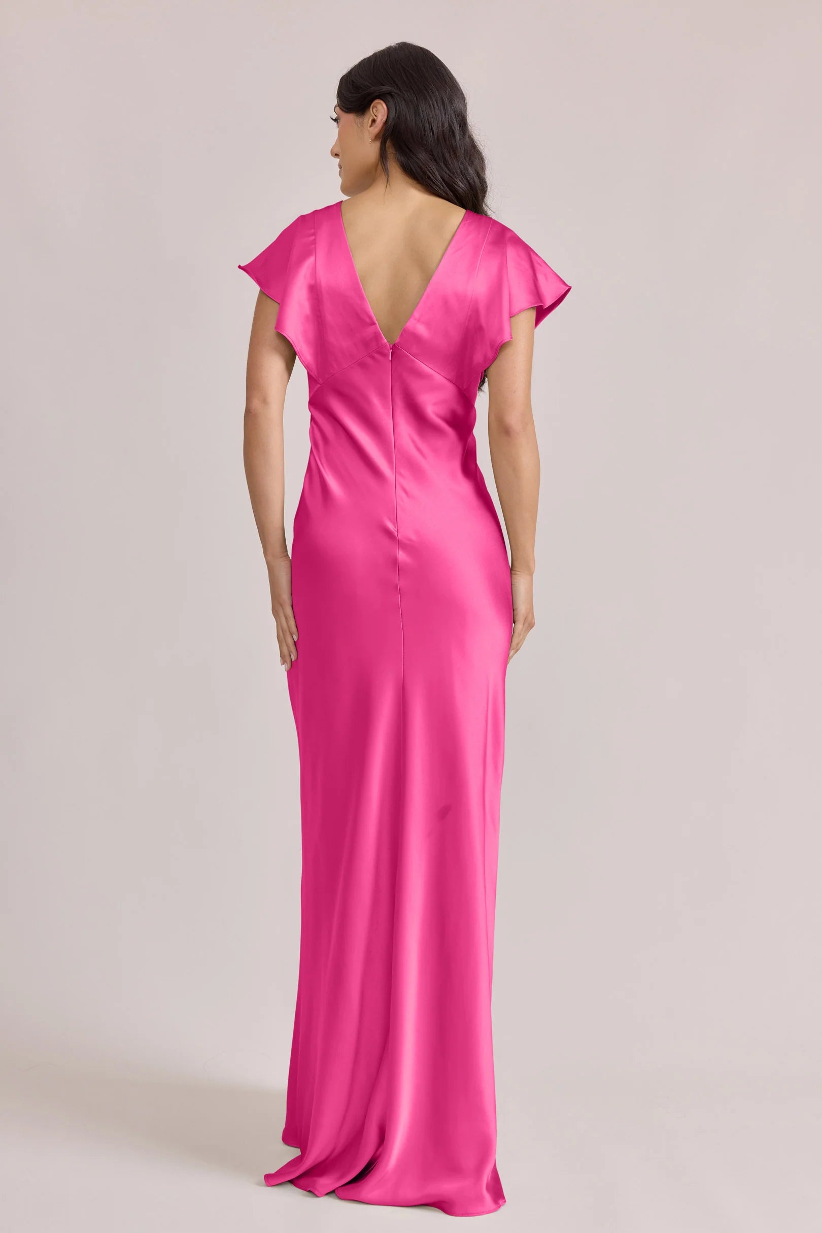 Romantic V-Neck Hot Pink Satin Bridesmaid Dress with Flutter Sleeves, Open Back & Floor-Length Hem