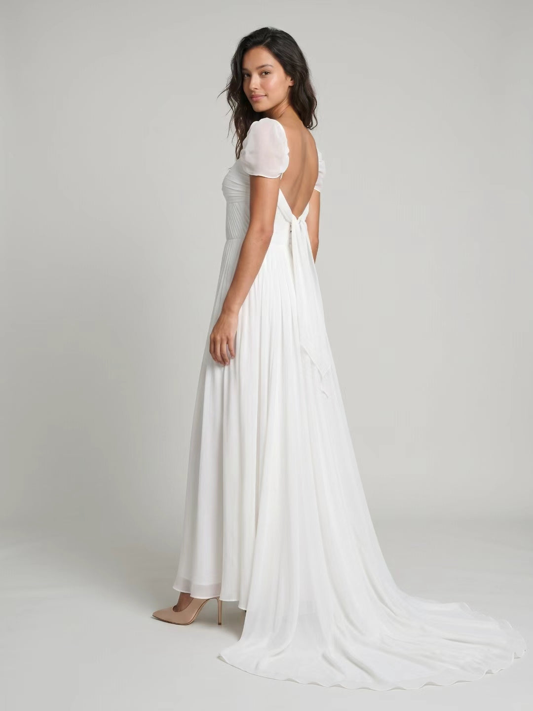 White Chiffon A-Line Square Neck Backless Floor-Length Prom Dress