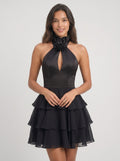 Black Chiffon A-Line Halter neckline Backless Short Dress with Cutout and Ruffles