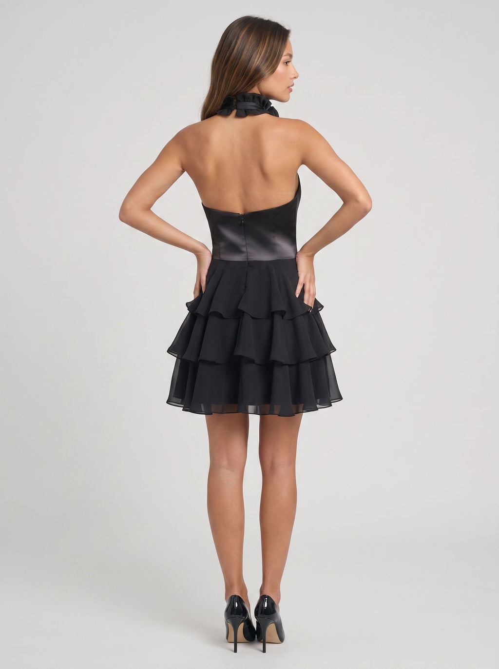 Black Chiffon A-Line Halter neckline Backless Short Dress with Cutout and Ruffles