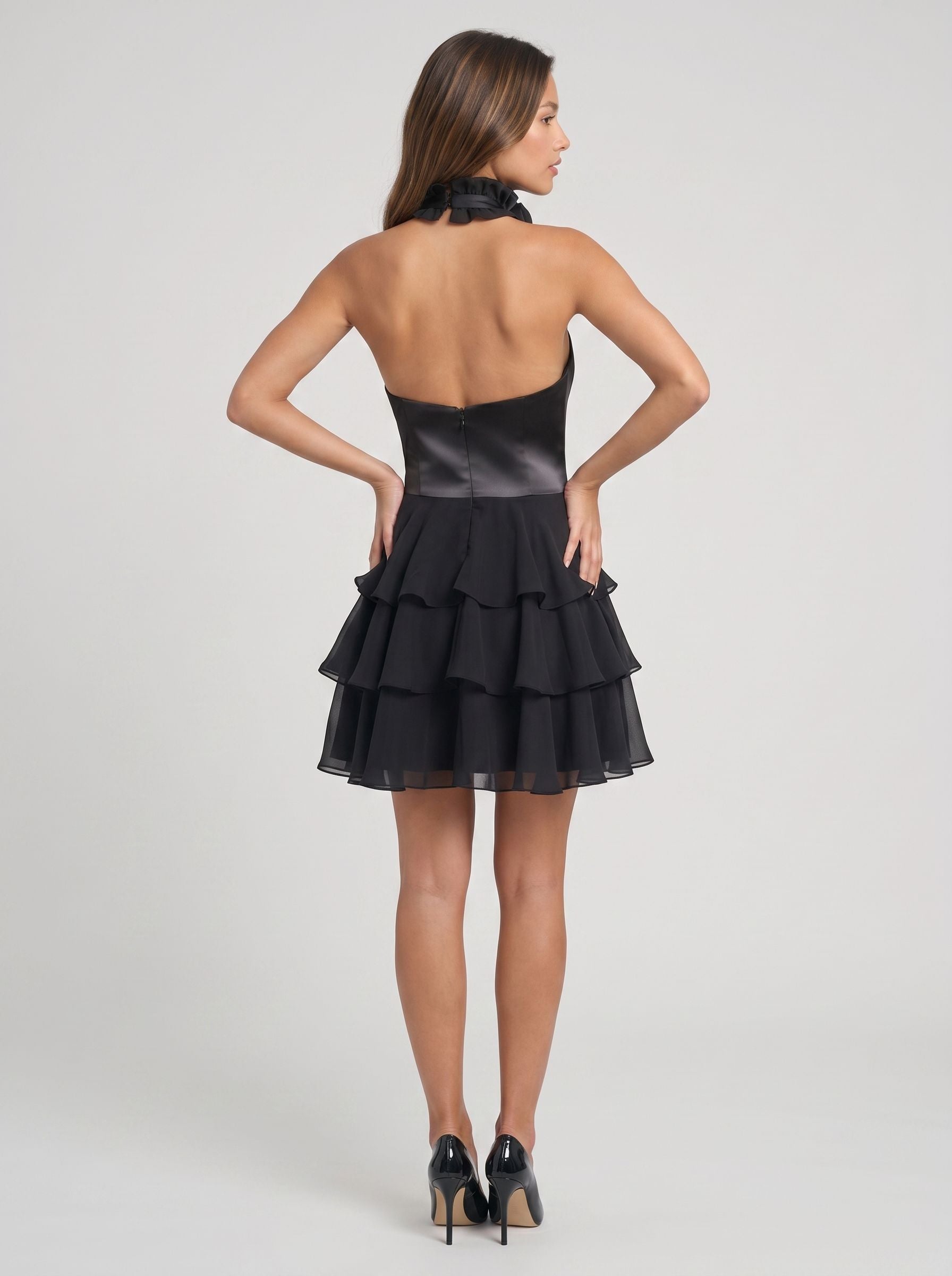 Black Chiffon A-Line Halter neckline Backless Short Dress with Cutout and Ruffles